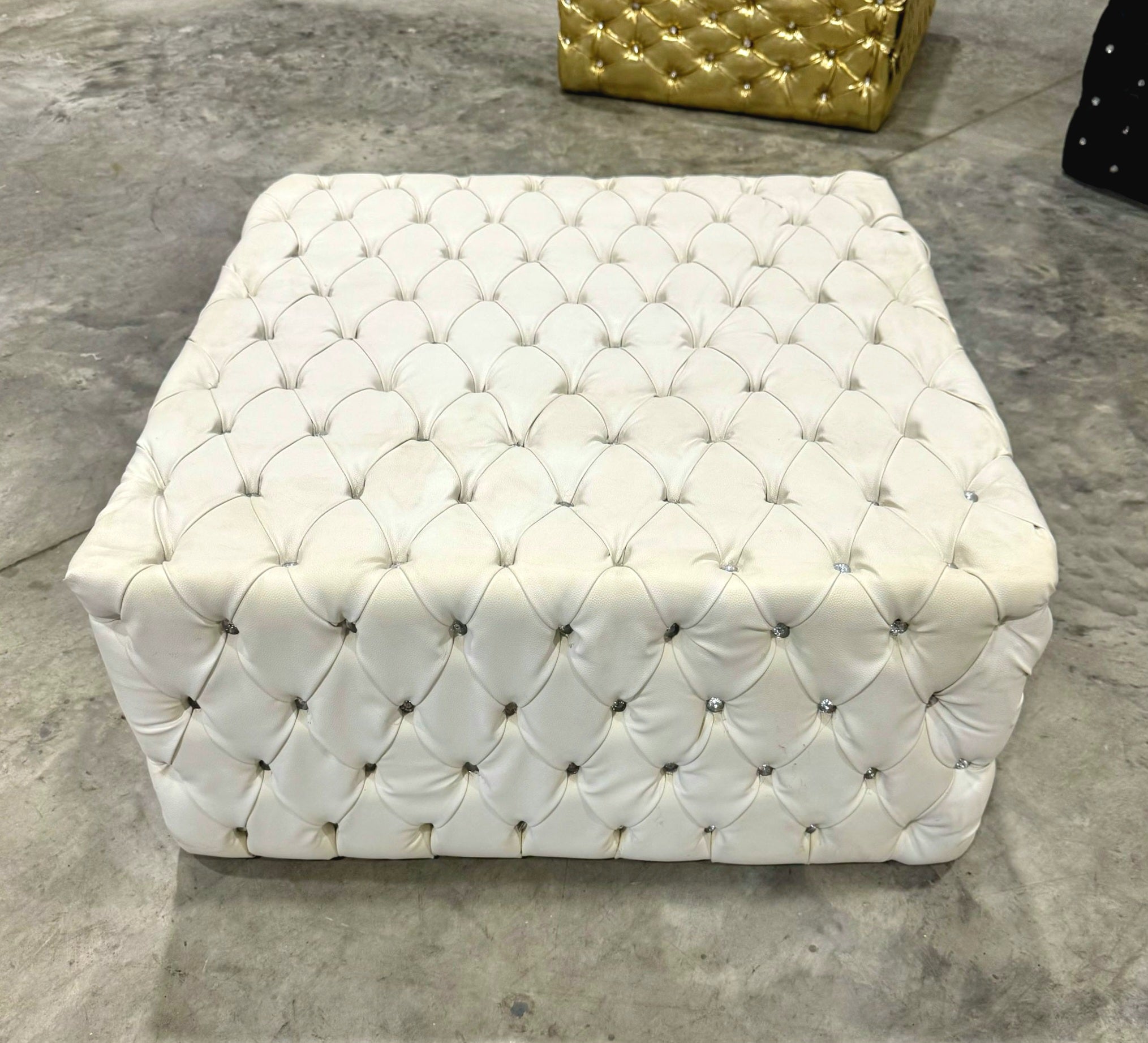 Chesterfield Footstool White Leather Tufted fabric Crystal Buttons