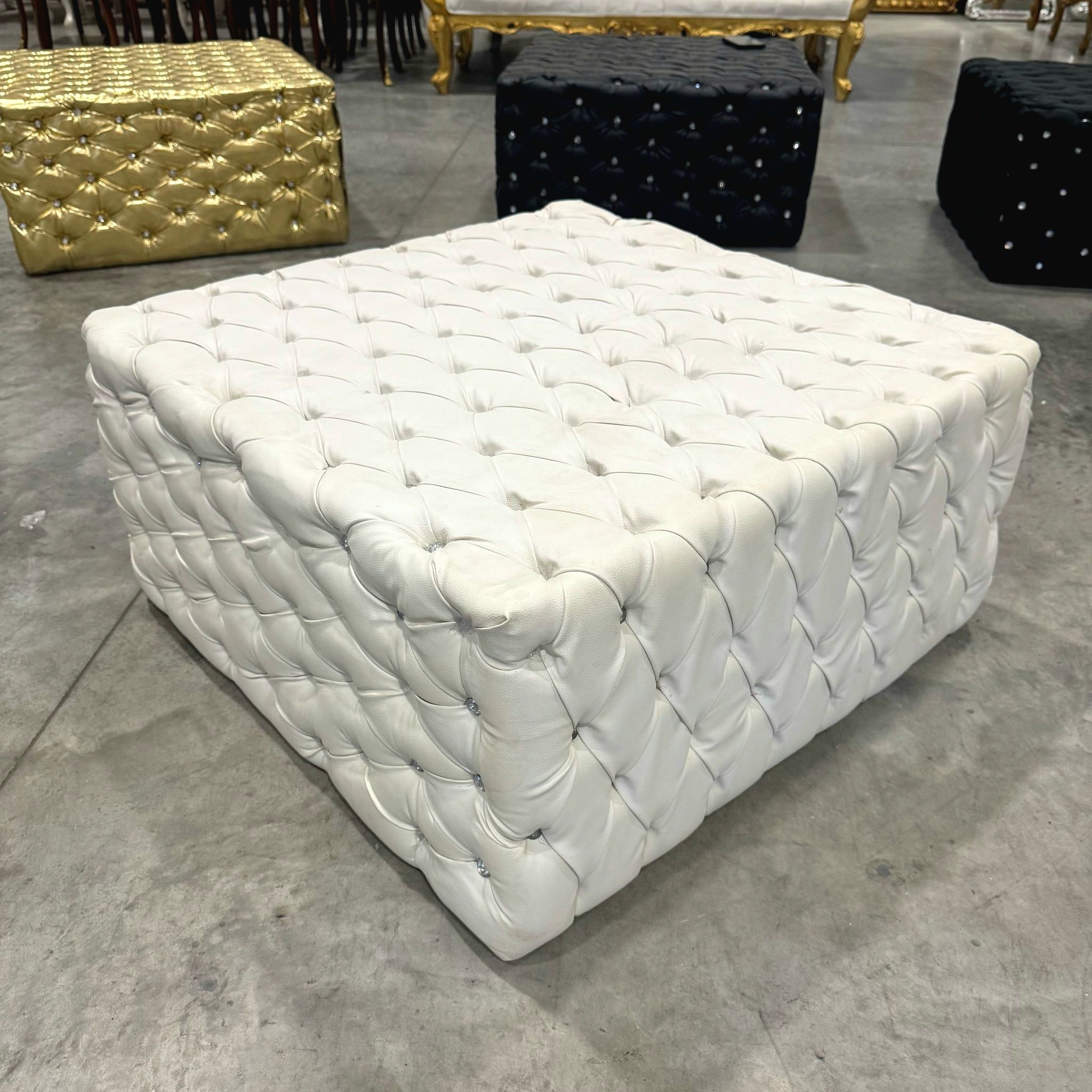 Chesterfield Footstool White Leather Tufted fabric Crystal Buttons
