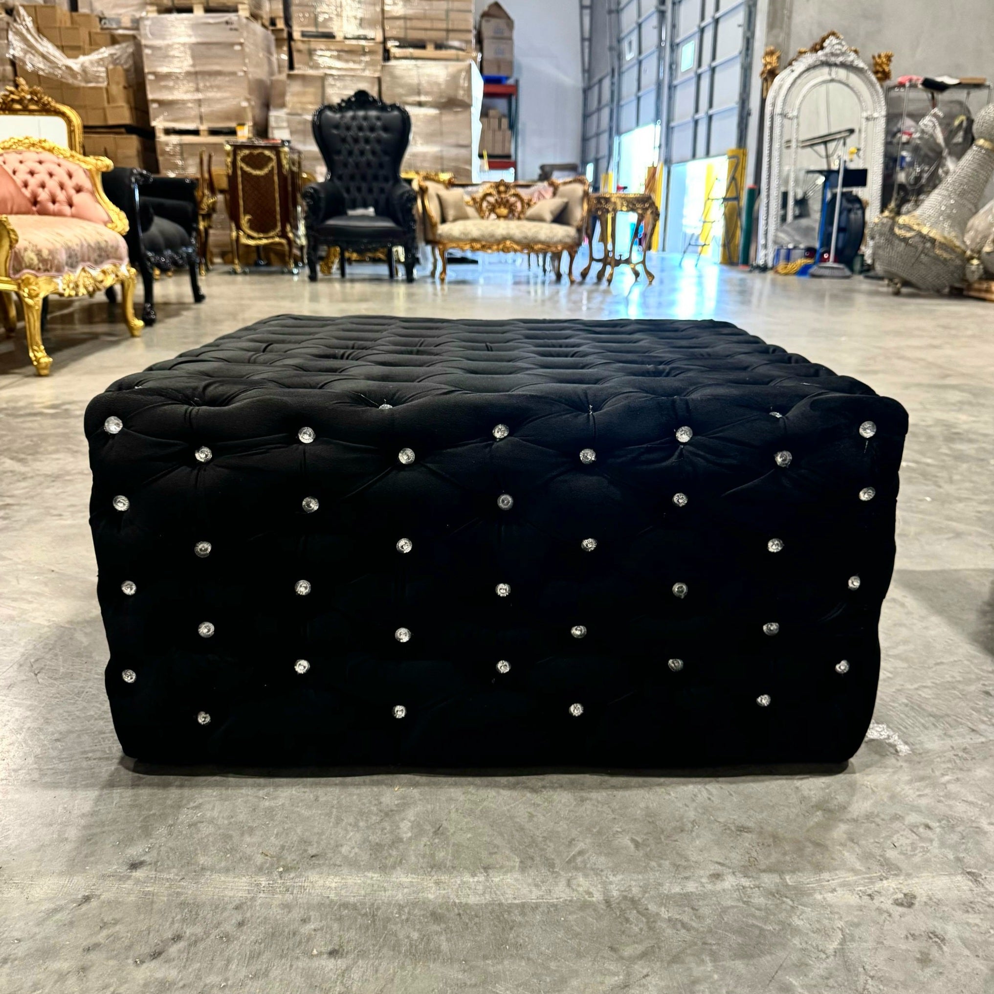 Chesterfield Footstool Black Velvet Tufted fabric Crystal Buttons