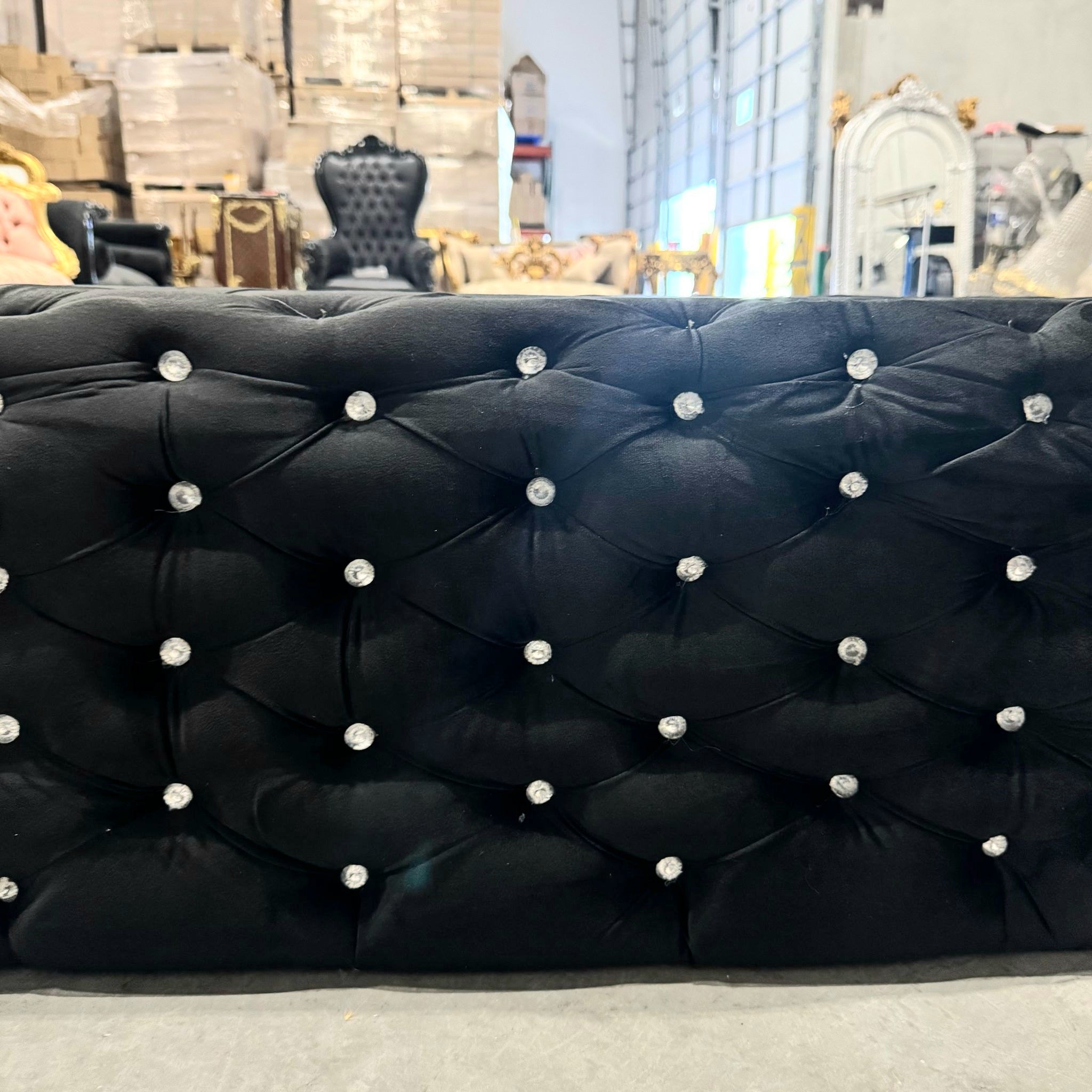 Chesterfield Footstool Black Velvet Tufted fabric Crystal Buttons