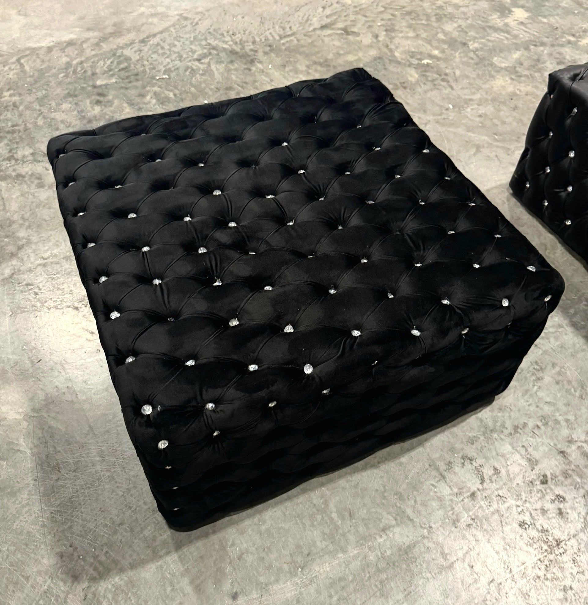 Chesterfield Footstool Black Velvet Tufted fabric Crystal Buttons