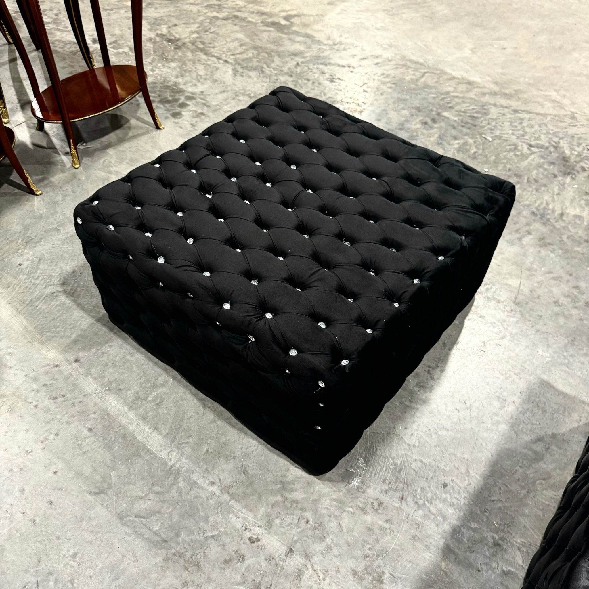 Chesterfield Footstool Black Velvet Tufted fabric Crystal Buttons
