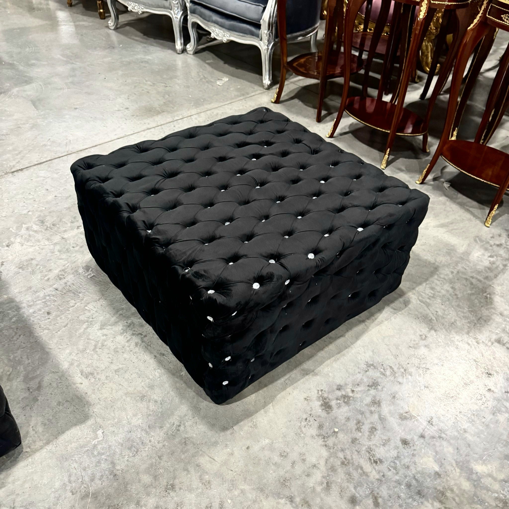 Chesterfield Footstool Black Velvet Tufted fabric Crystal Buttons