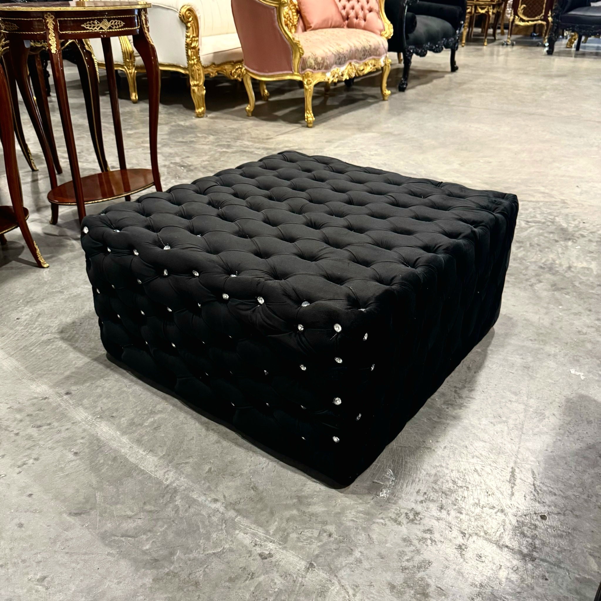 Chesterfield Footstool Black Velvet Tufted fabric Crystal Buttons
