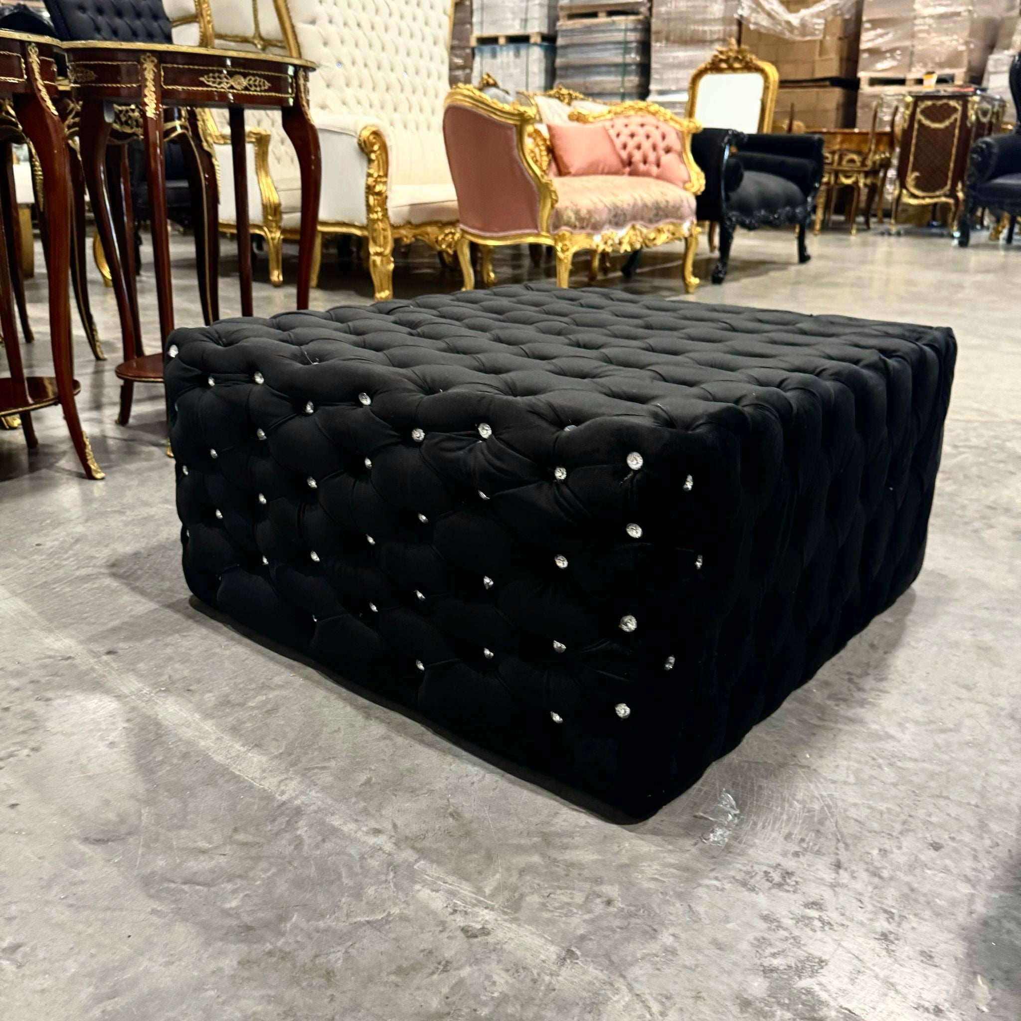 Chesterfield Footstool Black Velvet Tufted fabric Crystal Buttons