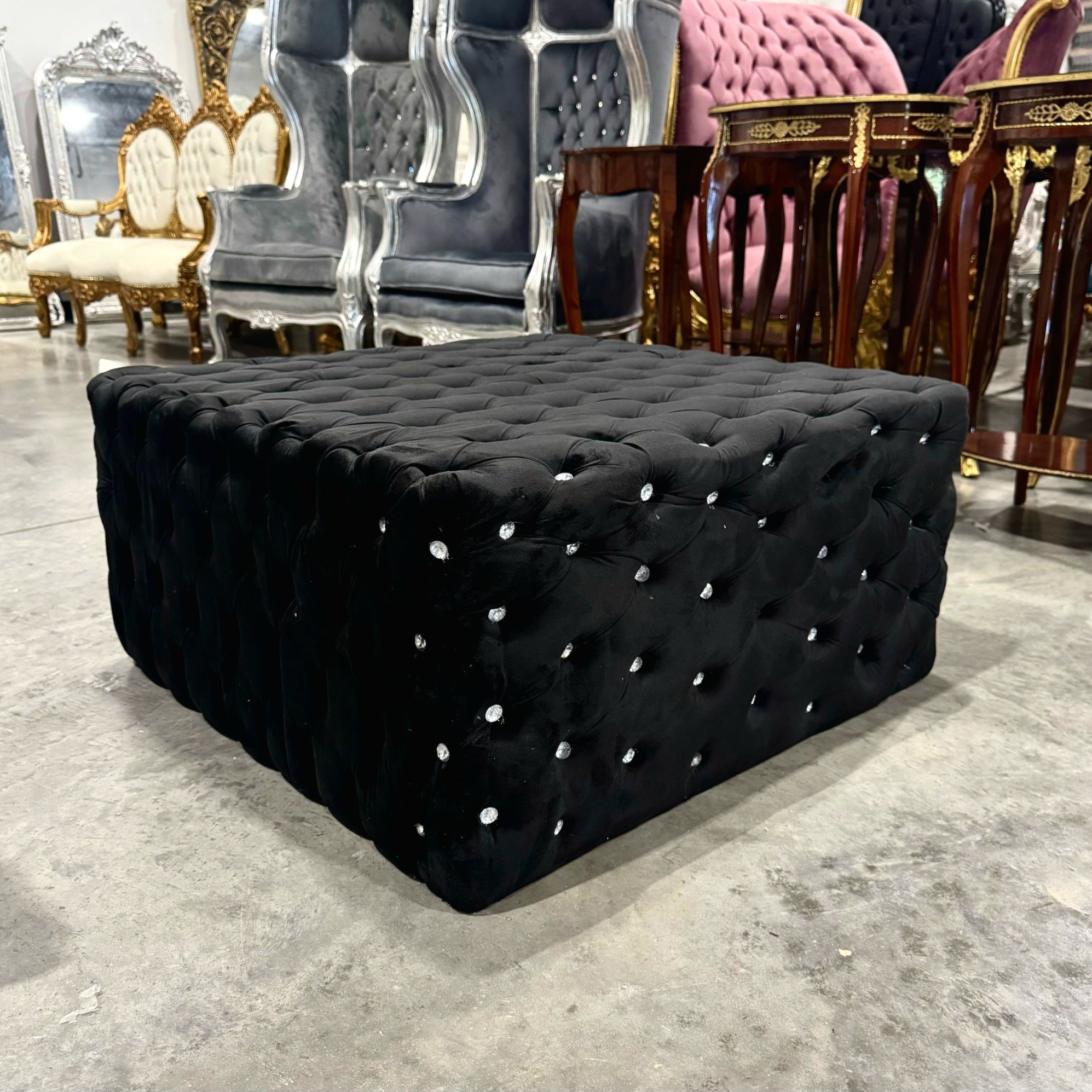 Chesterfield Footstool Black Velvet Tufted fabric Crystal Buttons
