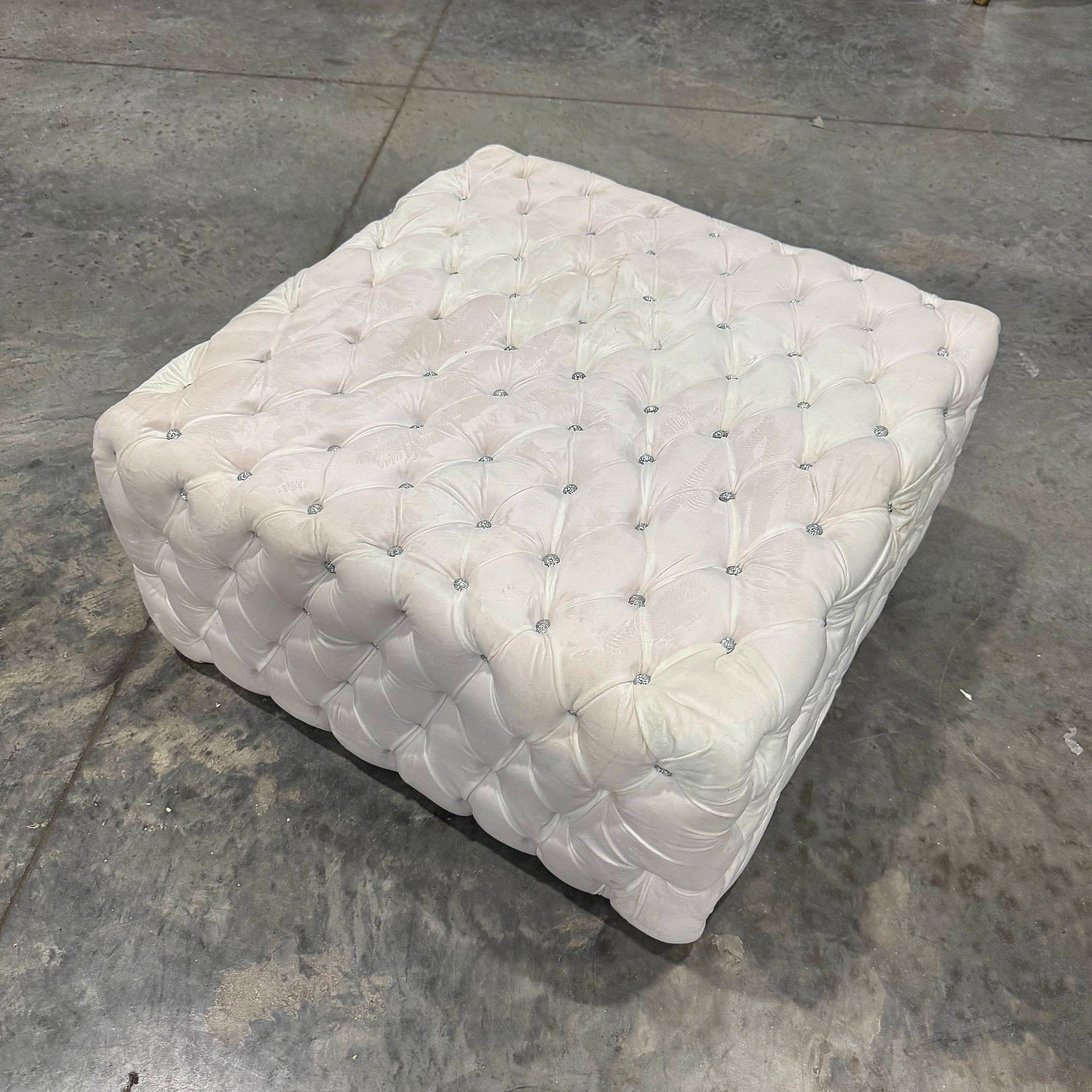 Chesterfield Footstool White Velvet Tufted fabric Crystal Buttons