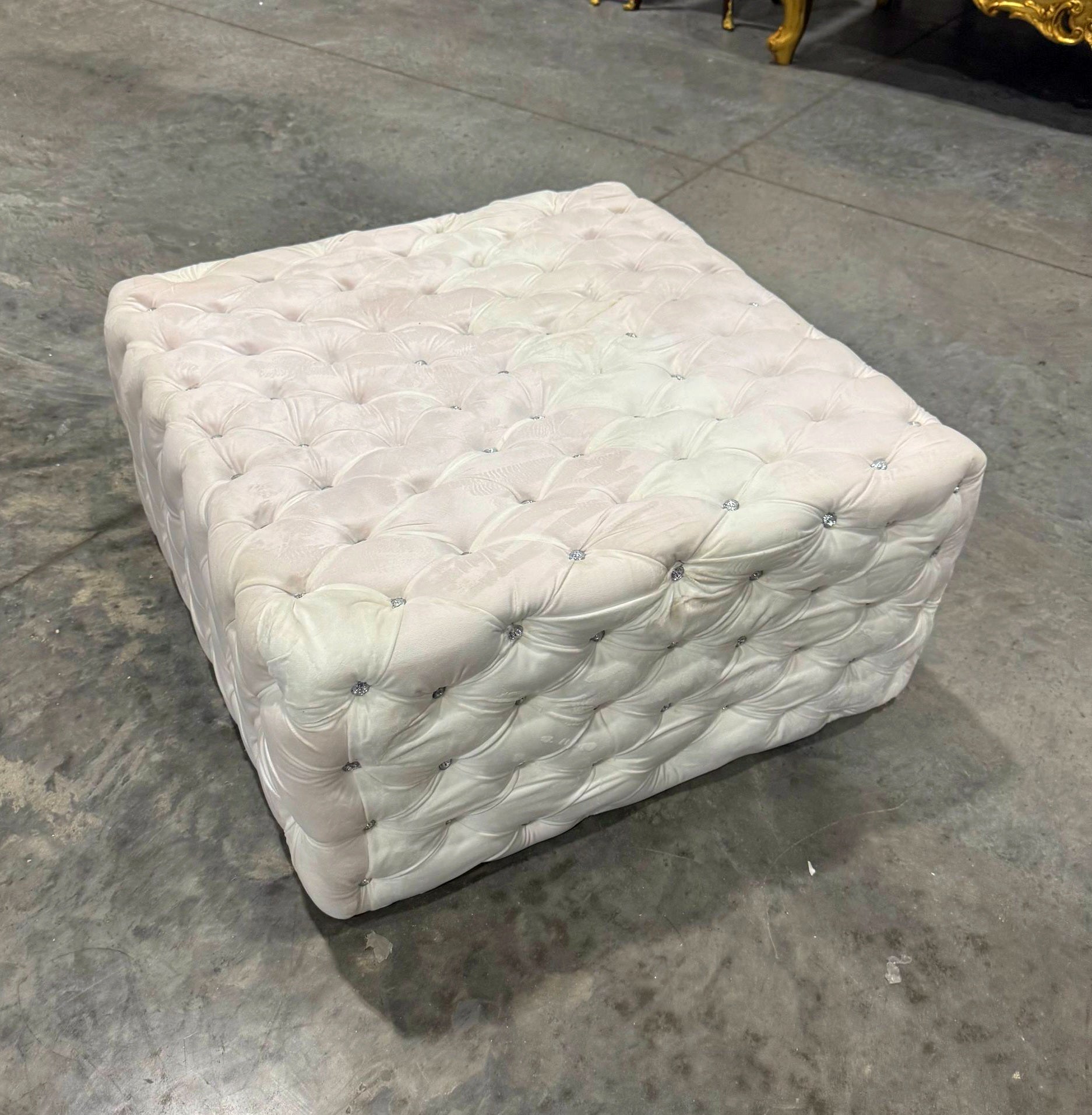 Chesterfield Footstool White Velvet Tufted fabric Crystal Buttons