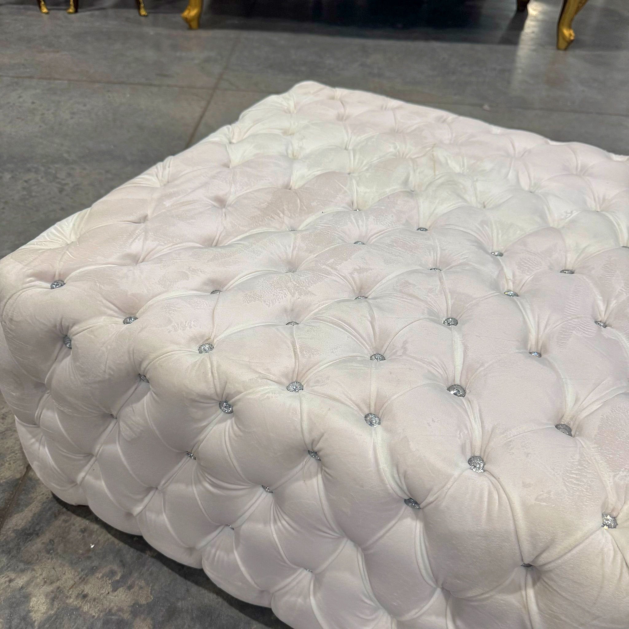 Chesterfield Footstool White Velvet Tufted fabric Crystal Buttons