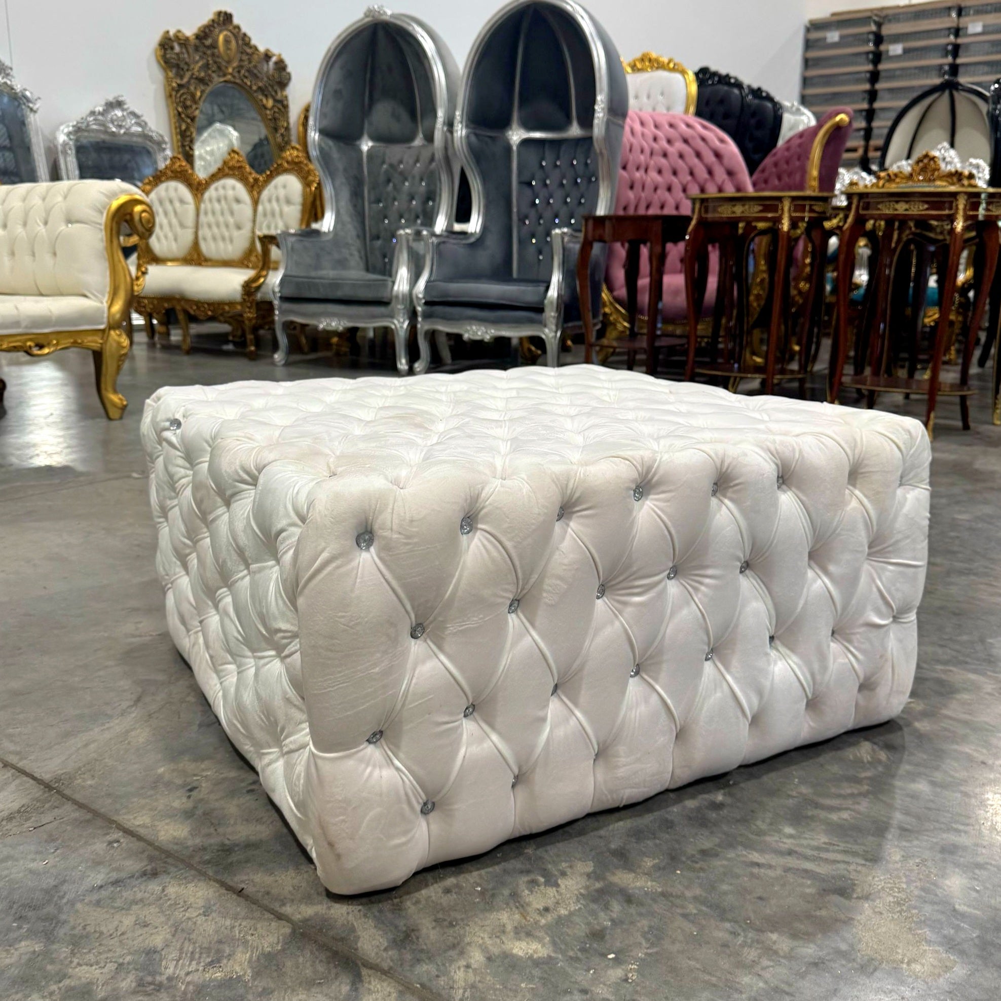 Chesterfield Footstool White Velvet Tufted fabric Crystal Buttons