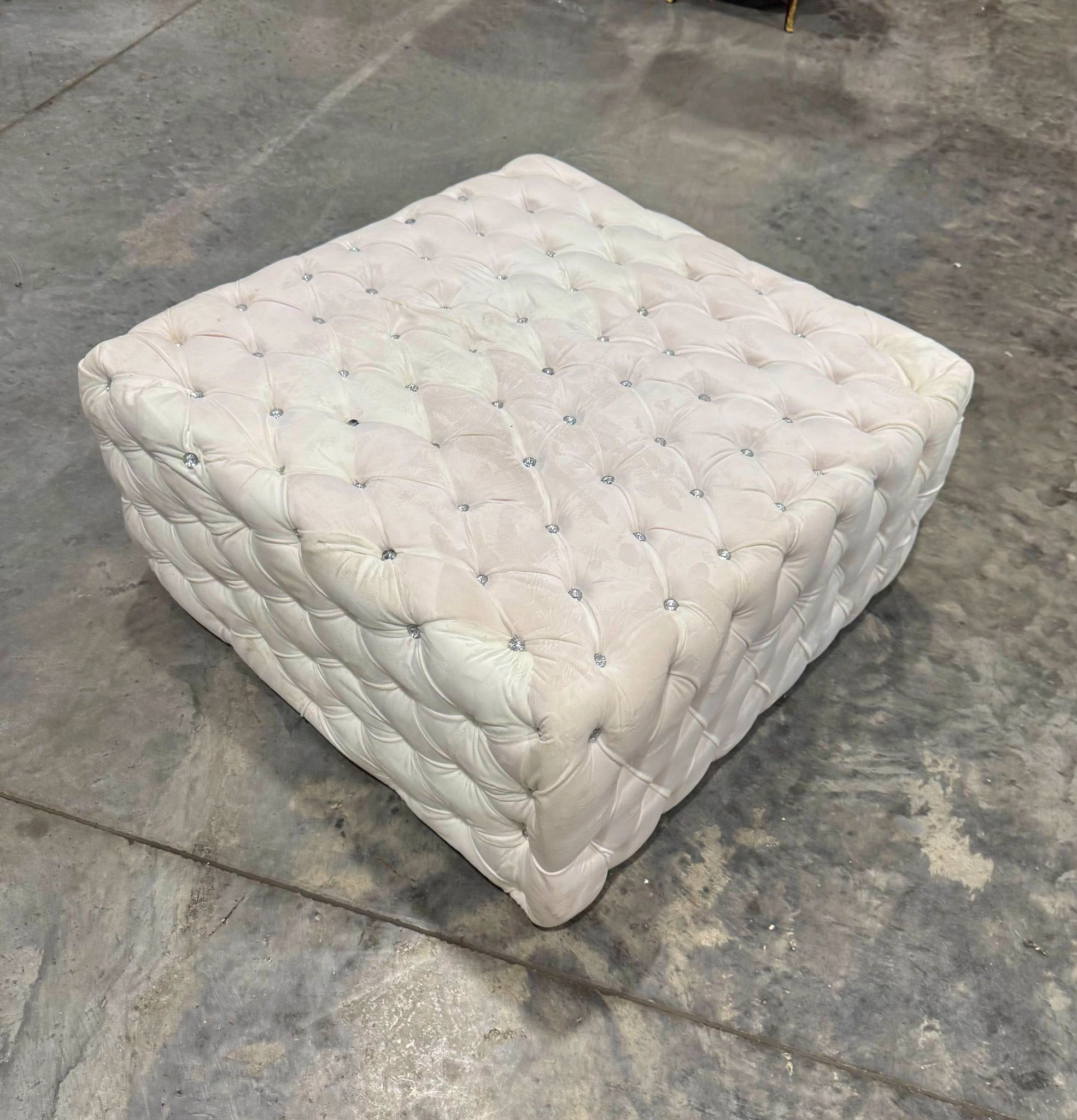 Chesterfield Footstool White Velvet Tufted fabric Crystal Buttons