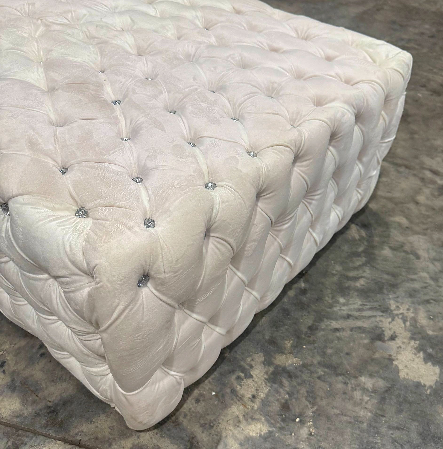 Chesterfield Footstool White Velvet Tufted fabric Crystal Buttons