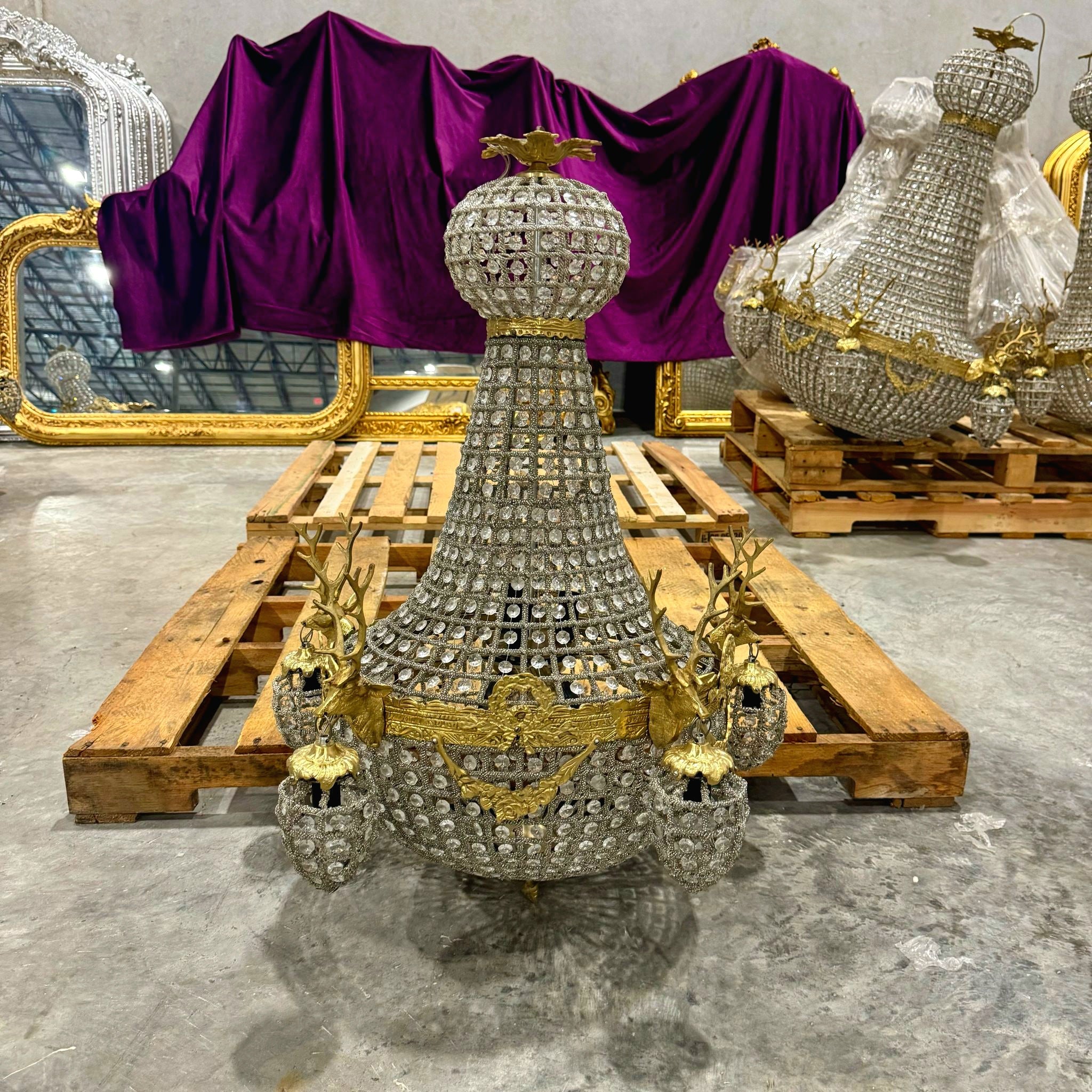 French Style Deer Stag Chandelier 36"H Gold Crystal 11 Light Bulbs Ceiling Light