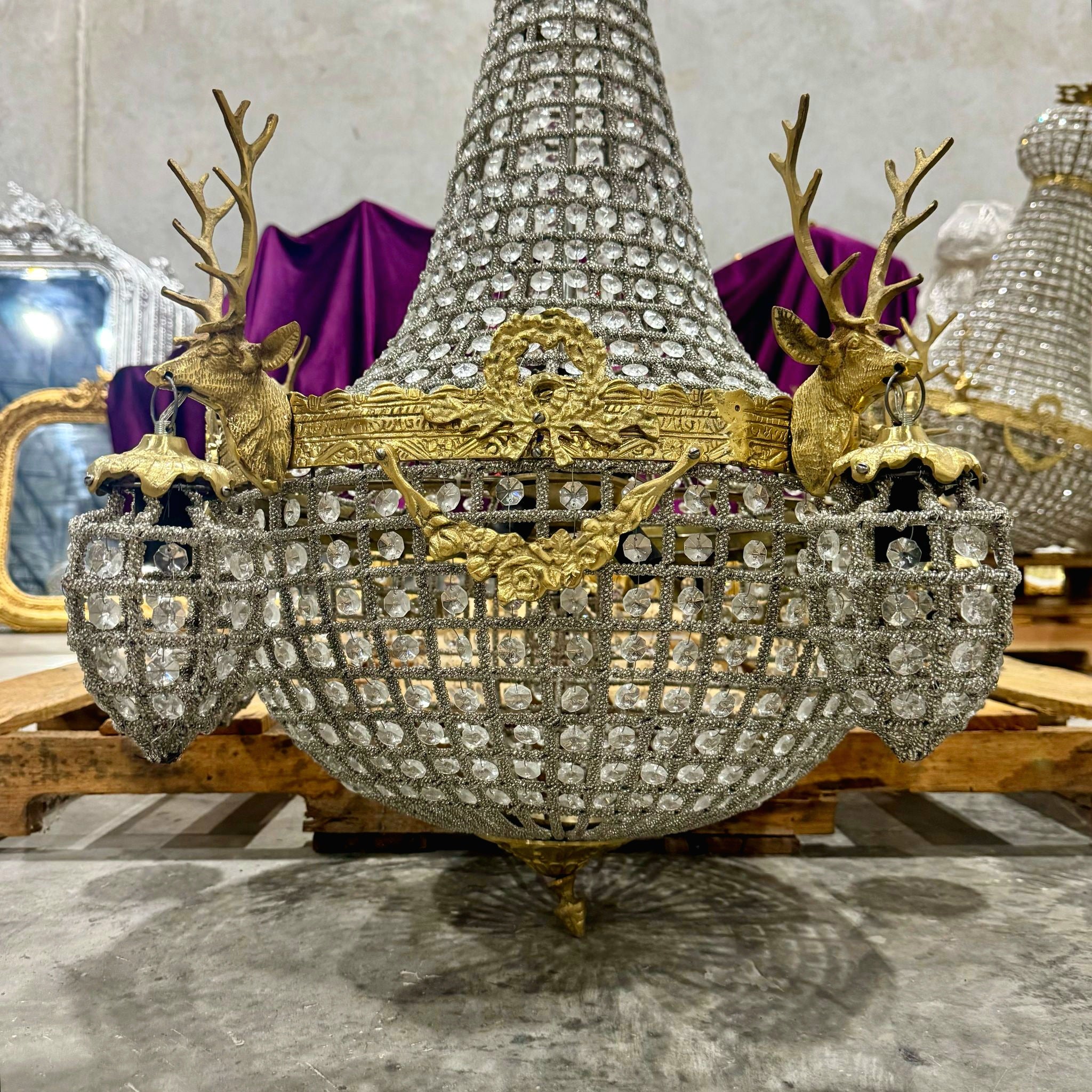 French Style Deer Stag Chandelier 36"H Gold Crystal 11 Light Bulbs Ceiling Light