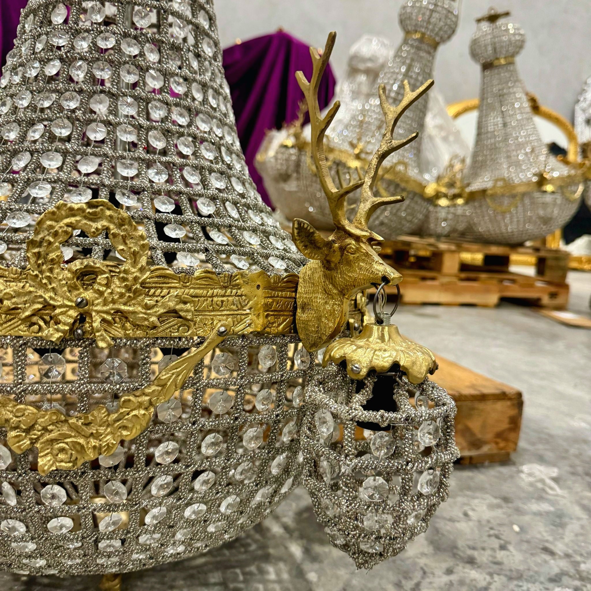 French Style Deer Stag Chandelier 36"H Gold Crystal 11 Light Bulbs Ceiling Light