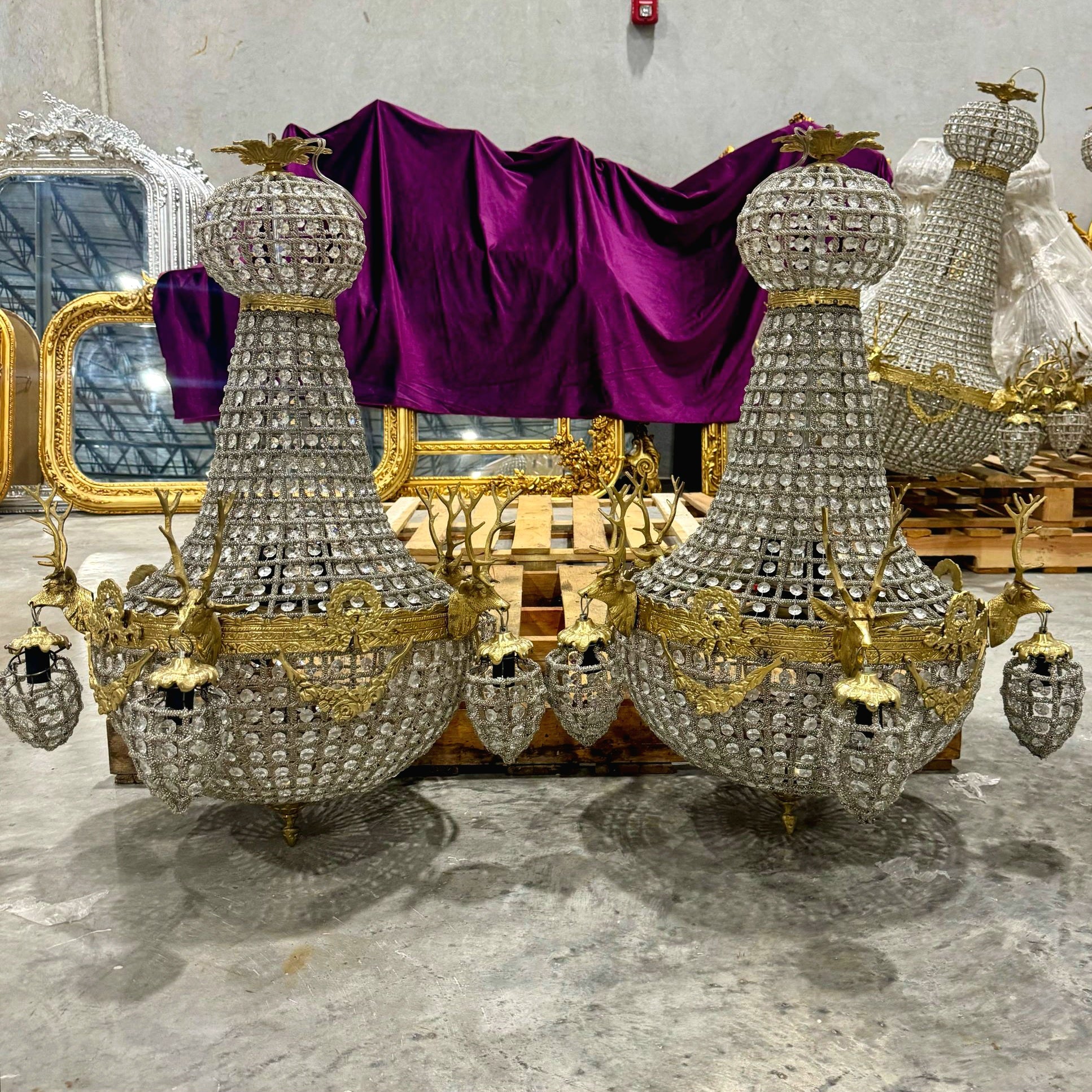 Deer Stag Chandelier 36"H *Set of 2* Gold Crystal 11 Light Bulbs French Style