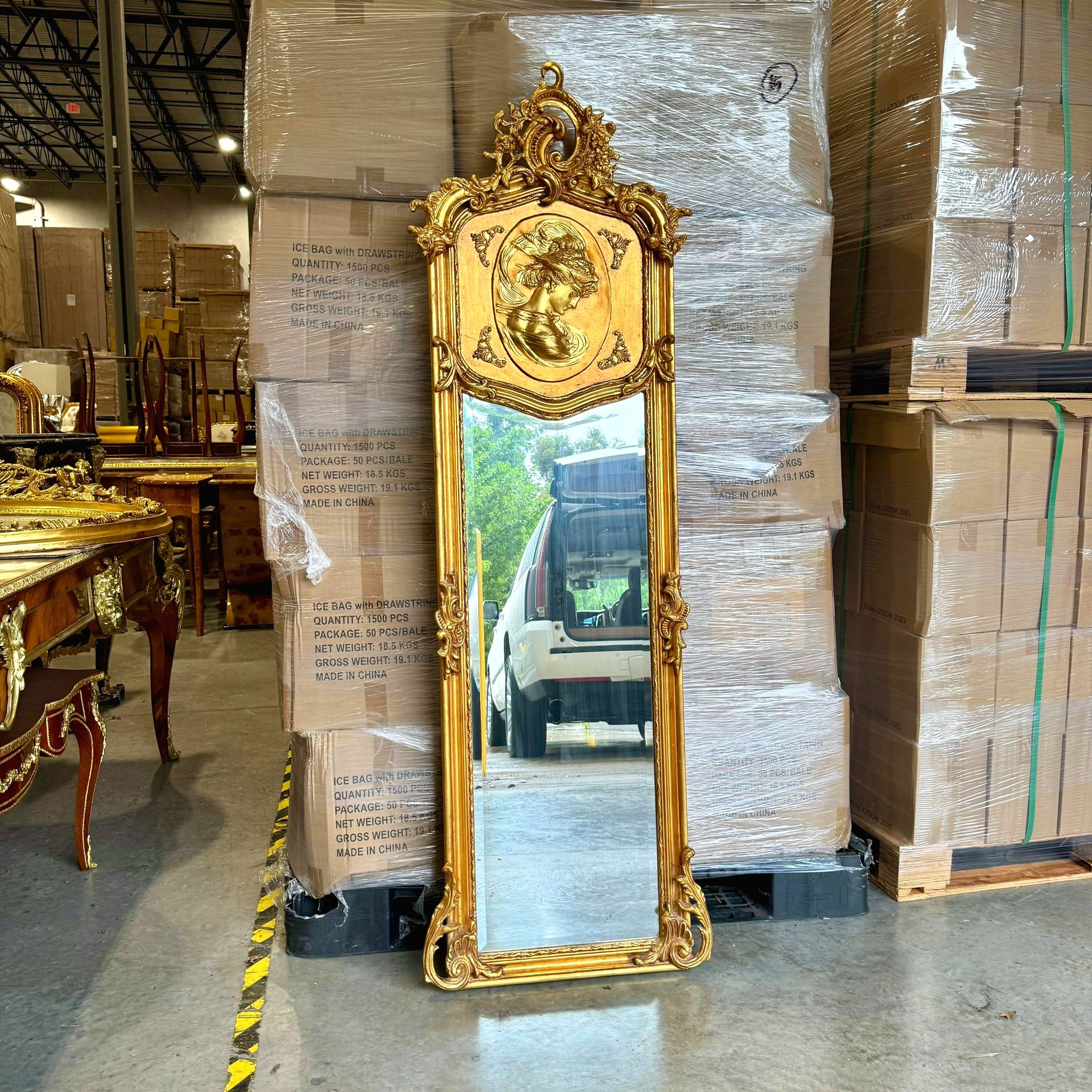 French Baroque Style Gold Woman Floor Mirror Bronze Details
