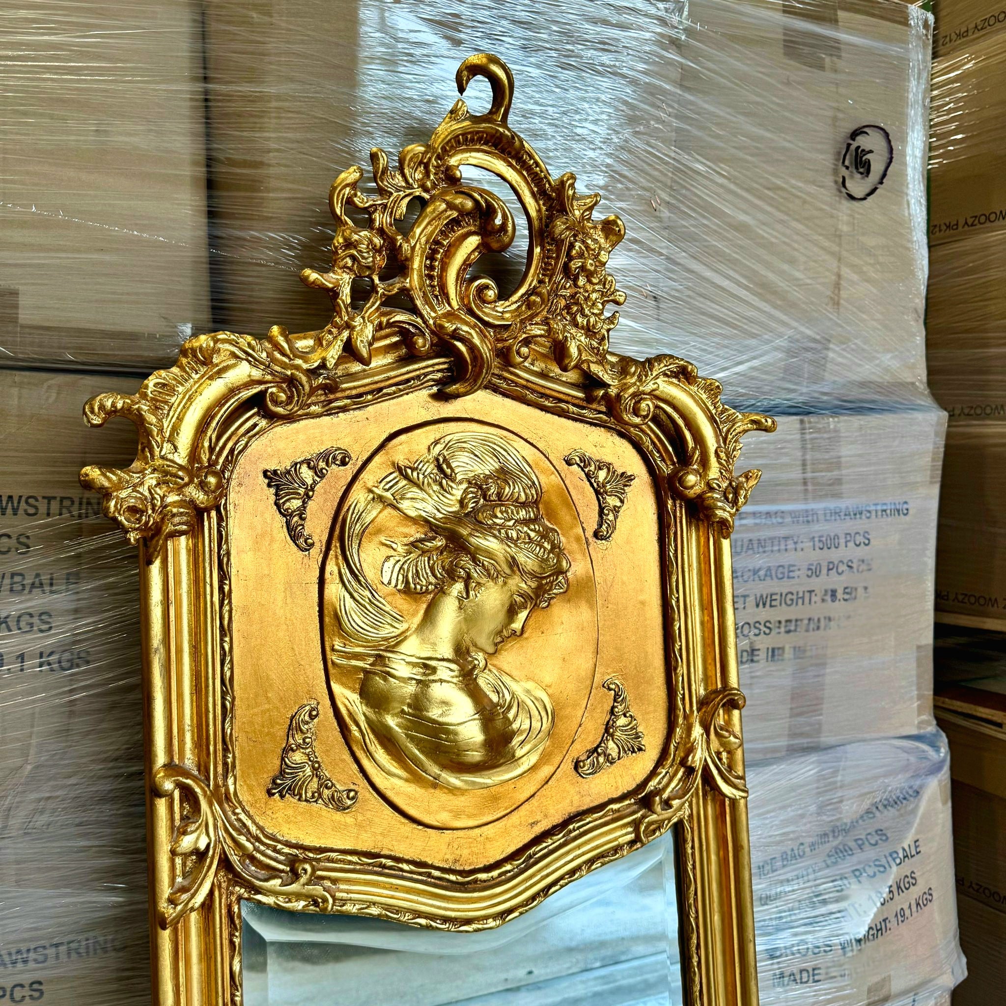 French Baroque Style Gold Woman Floor Mirror Bronze Details