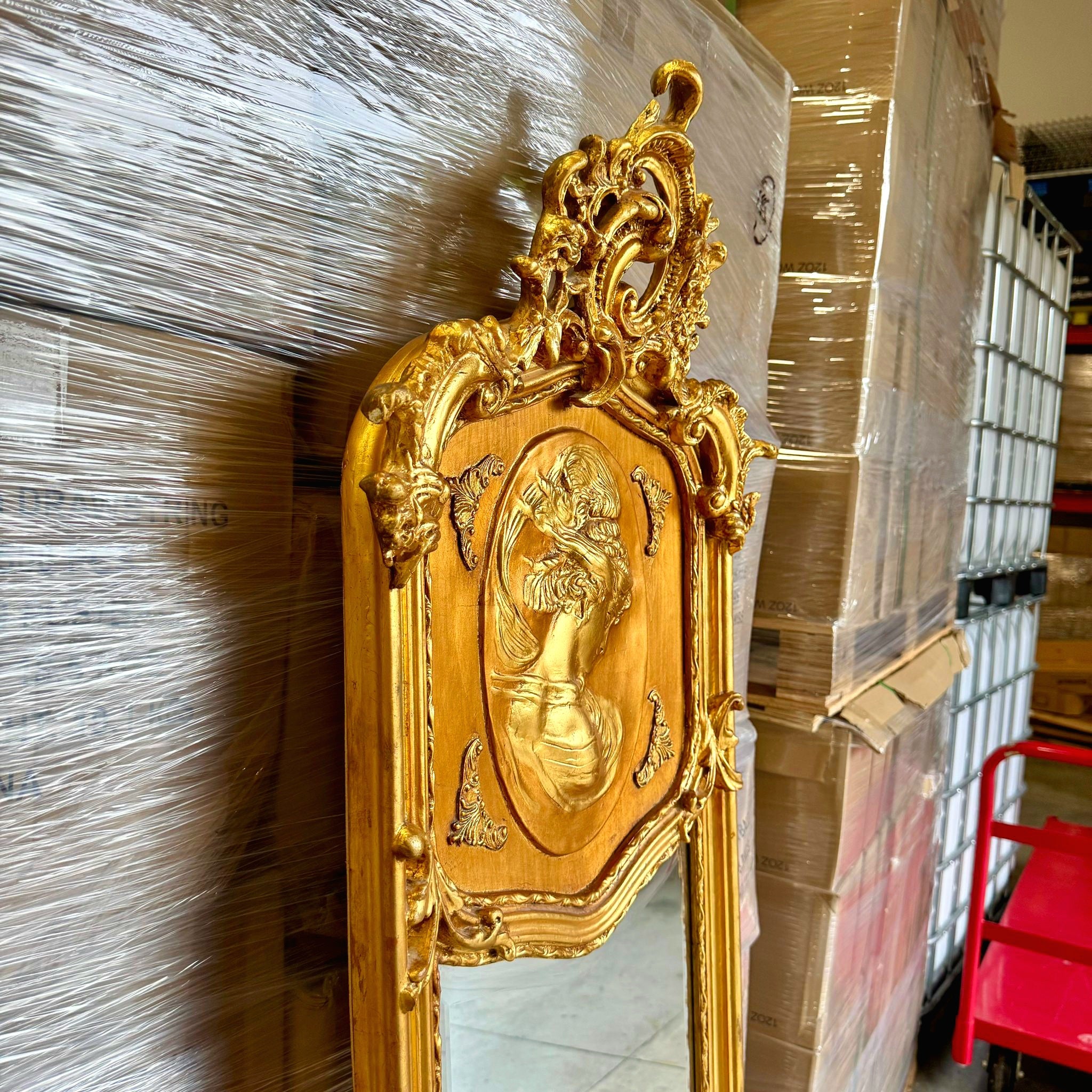 French Baroque Style Gold Woman Floor Mirror Bronze Details
