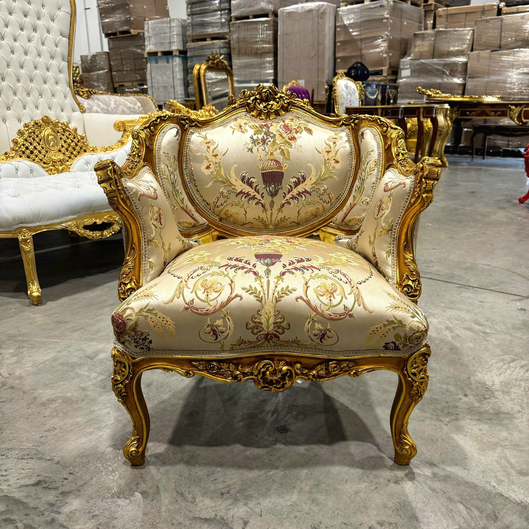 French Style Beige White Bergere Wing Chair with Gold Details
