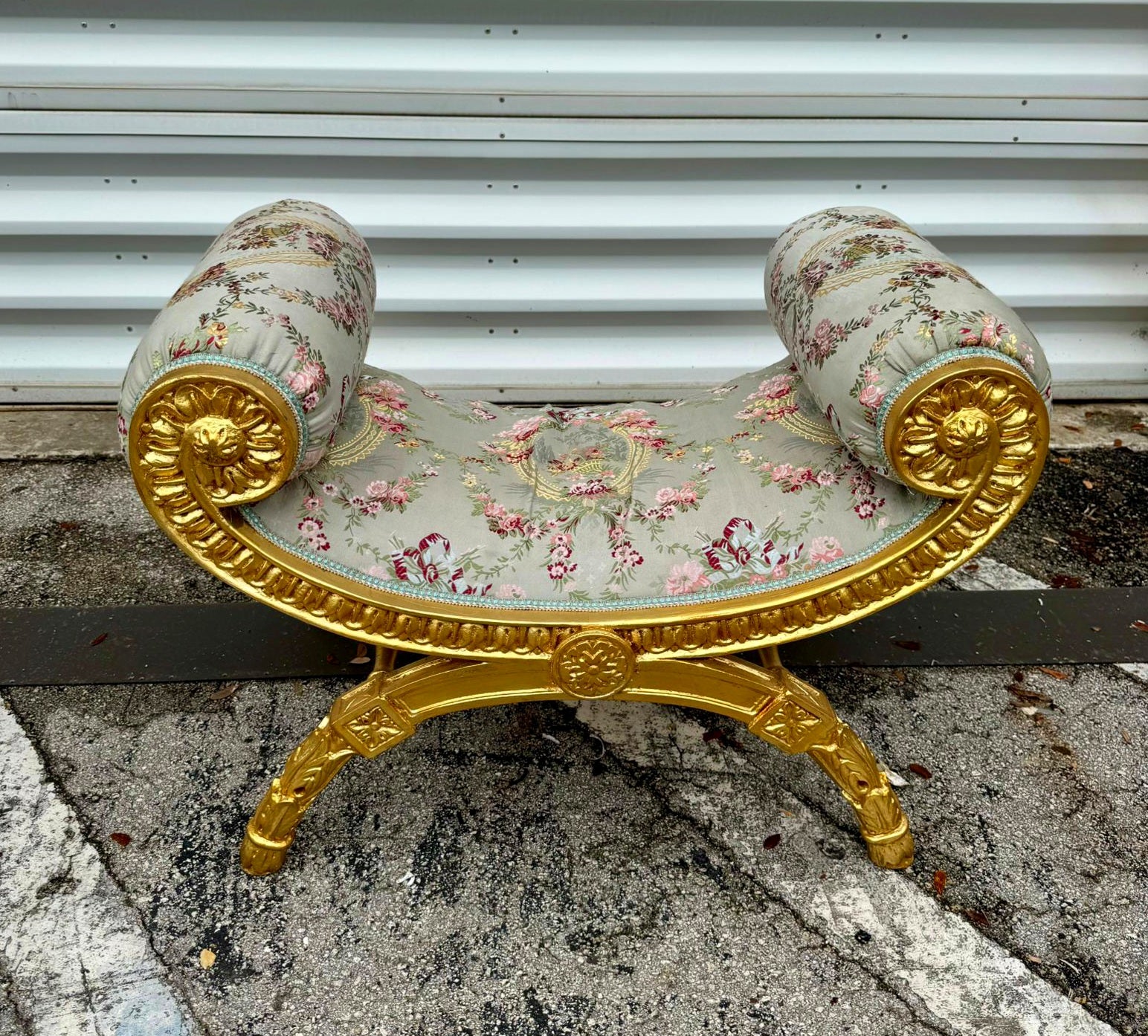 Sky Blue Bench French Style With Gold Leaf Details Rococo Baroque Furniture