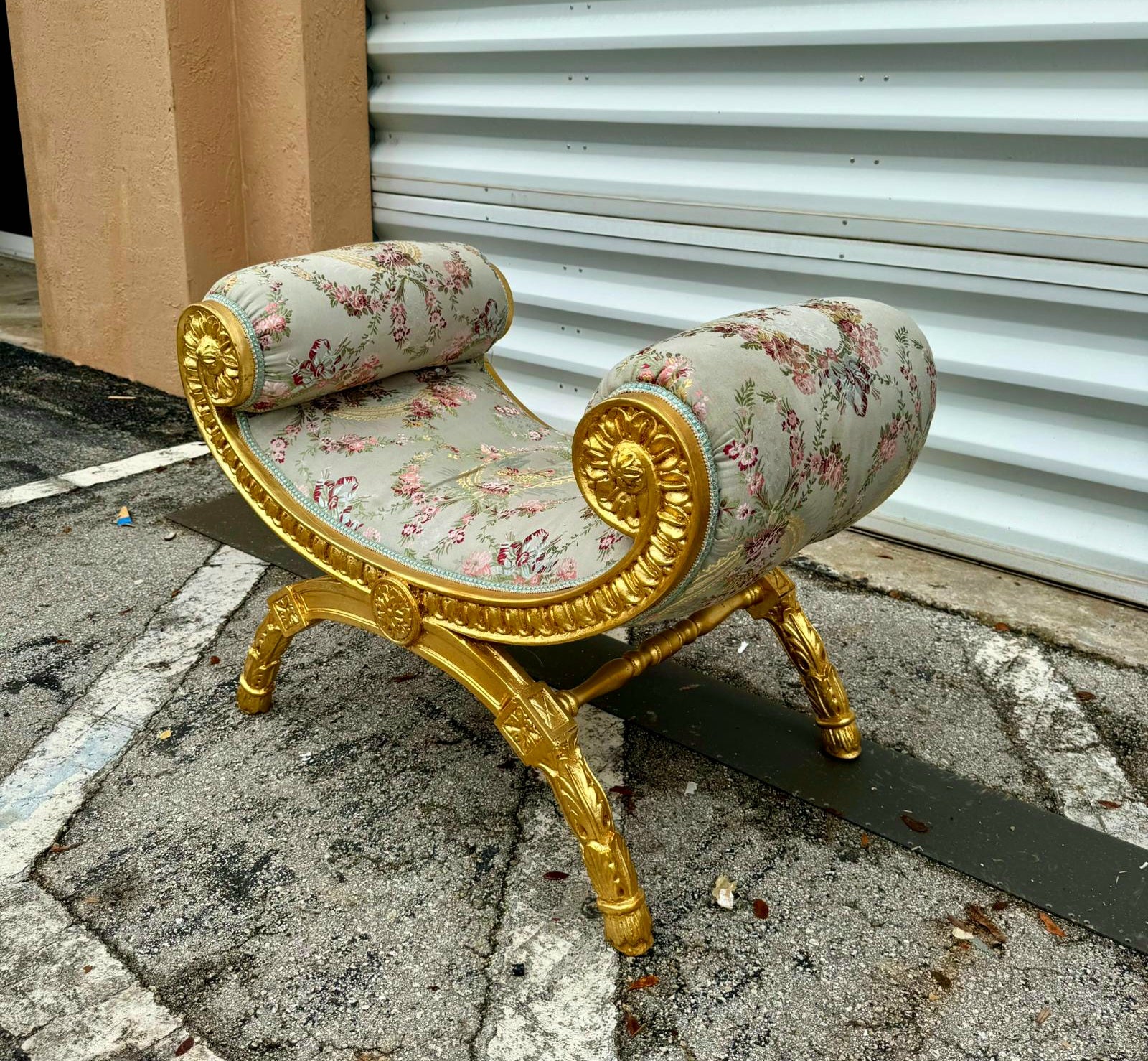 Sky Blue Bench French Style With Gold Leaf Details Rococo Baroque Furniture