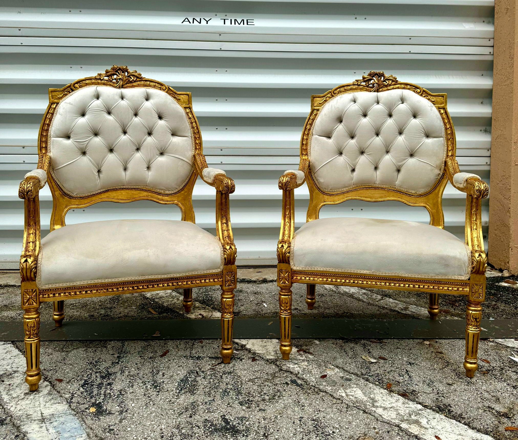 French Style Velvet Chair Set *2 chairs* with Gold Leaf Details Rococo Baroque