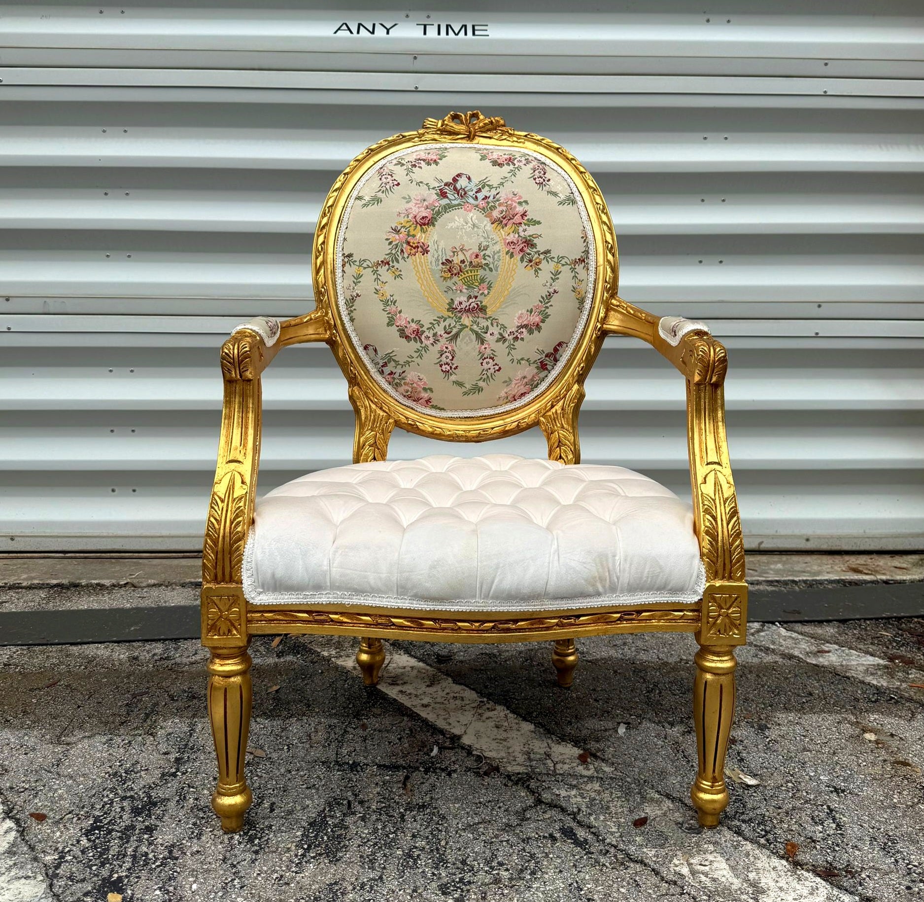 White Velvet Chair Tufted with Gold Leaf Details French Style Rococo Baroque