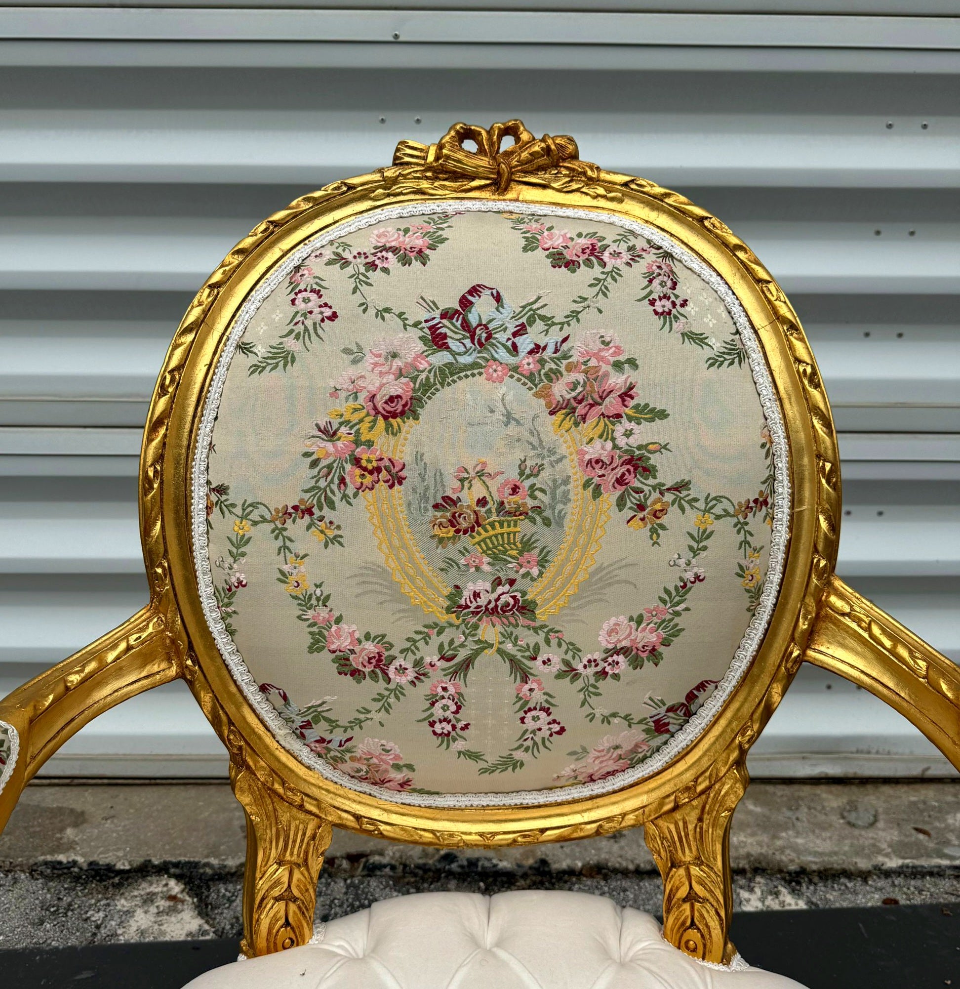 White Velvet Chair Tufted with Gold Leaf Details French Style Rococo Baroque