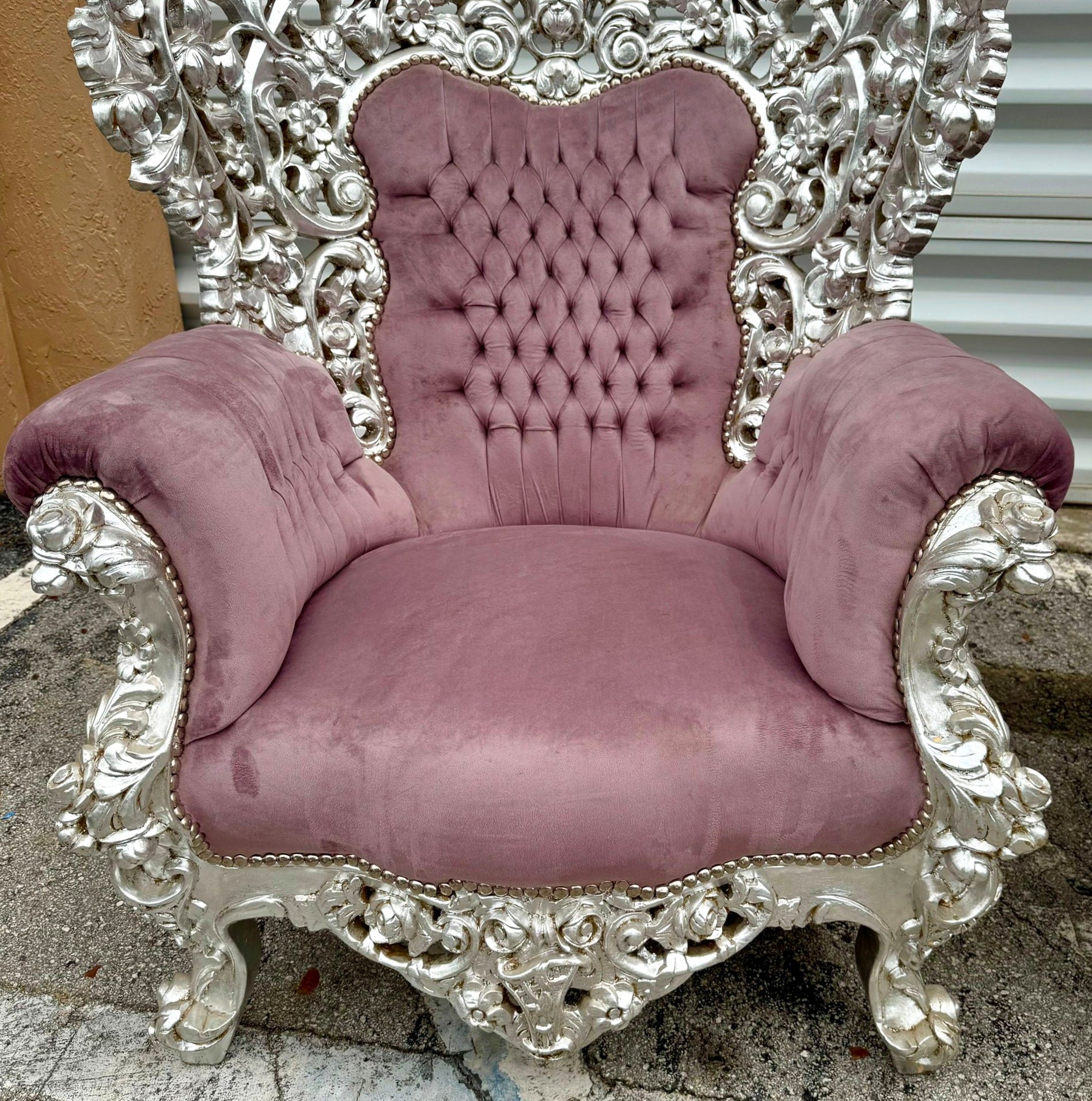 Heavy Rococo Style Purple Mauve Velvet Chair with Silver Leaf Frame Details