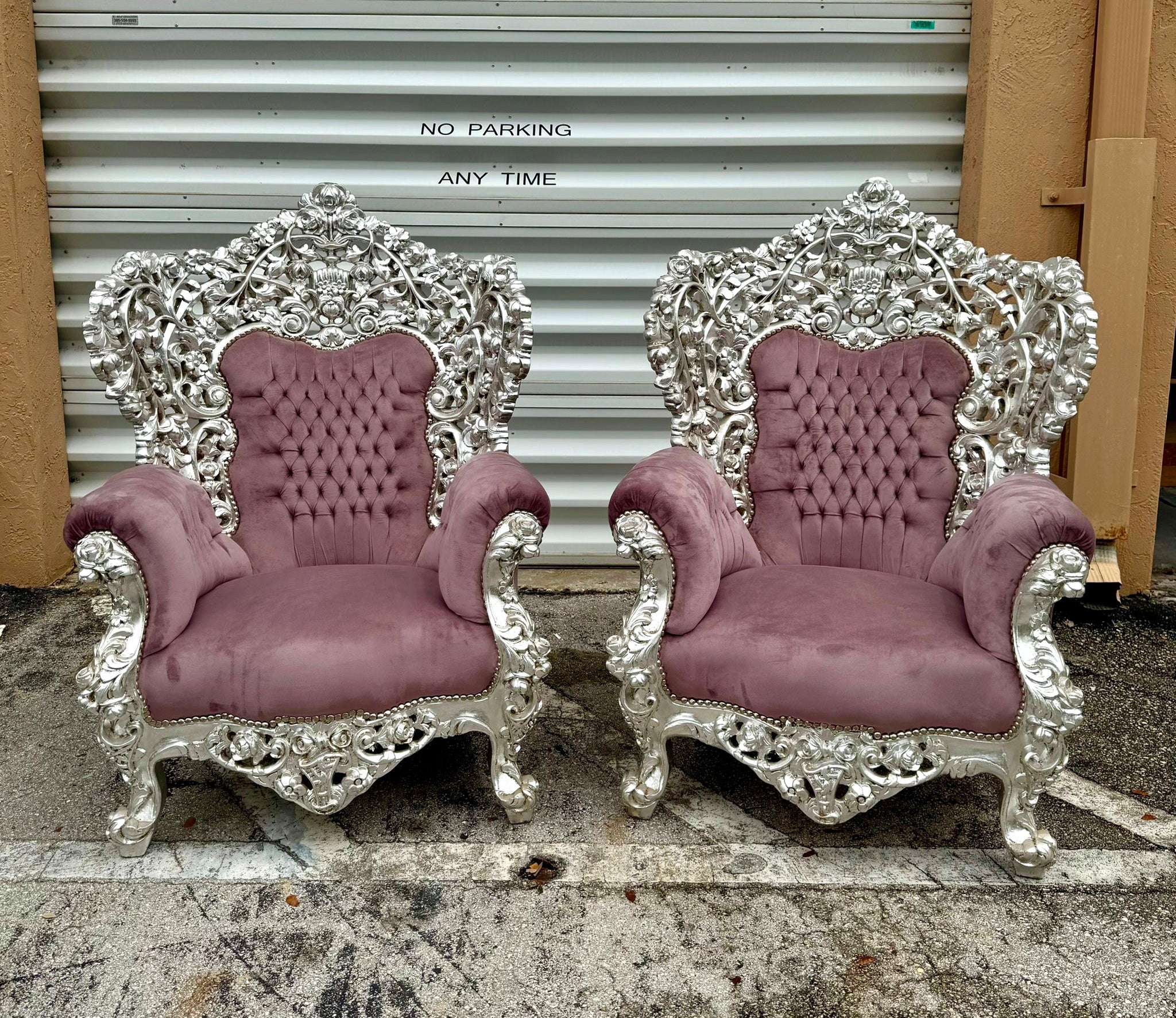 Heavy Rococo Style Purple Mauve Velvet Chair with Silver Leaf Frame Details