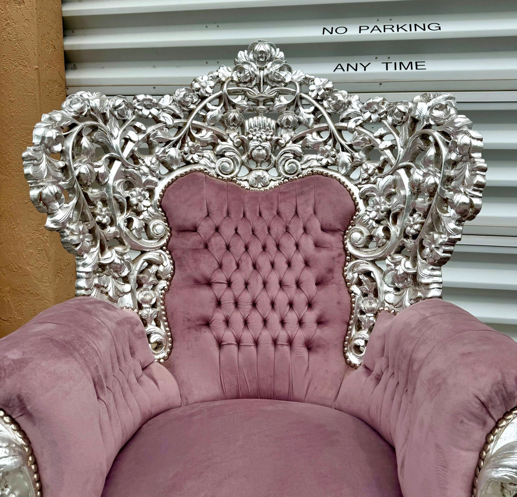 Heavy Rococo Style Purple Mauve Velvet Chair with Silver Leaf Frame Details