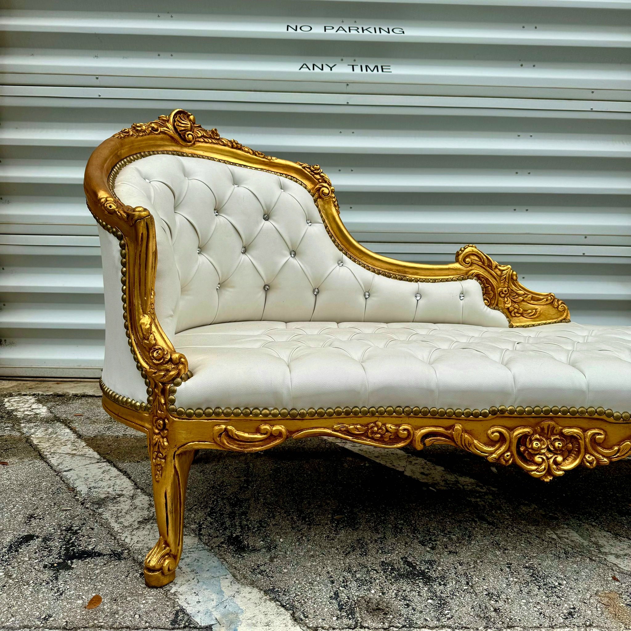 Chaise Lounge Off-White Leather Furniture Rococo Style Gold Leaf Details