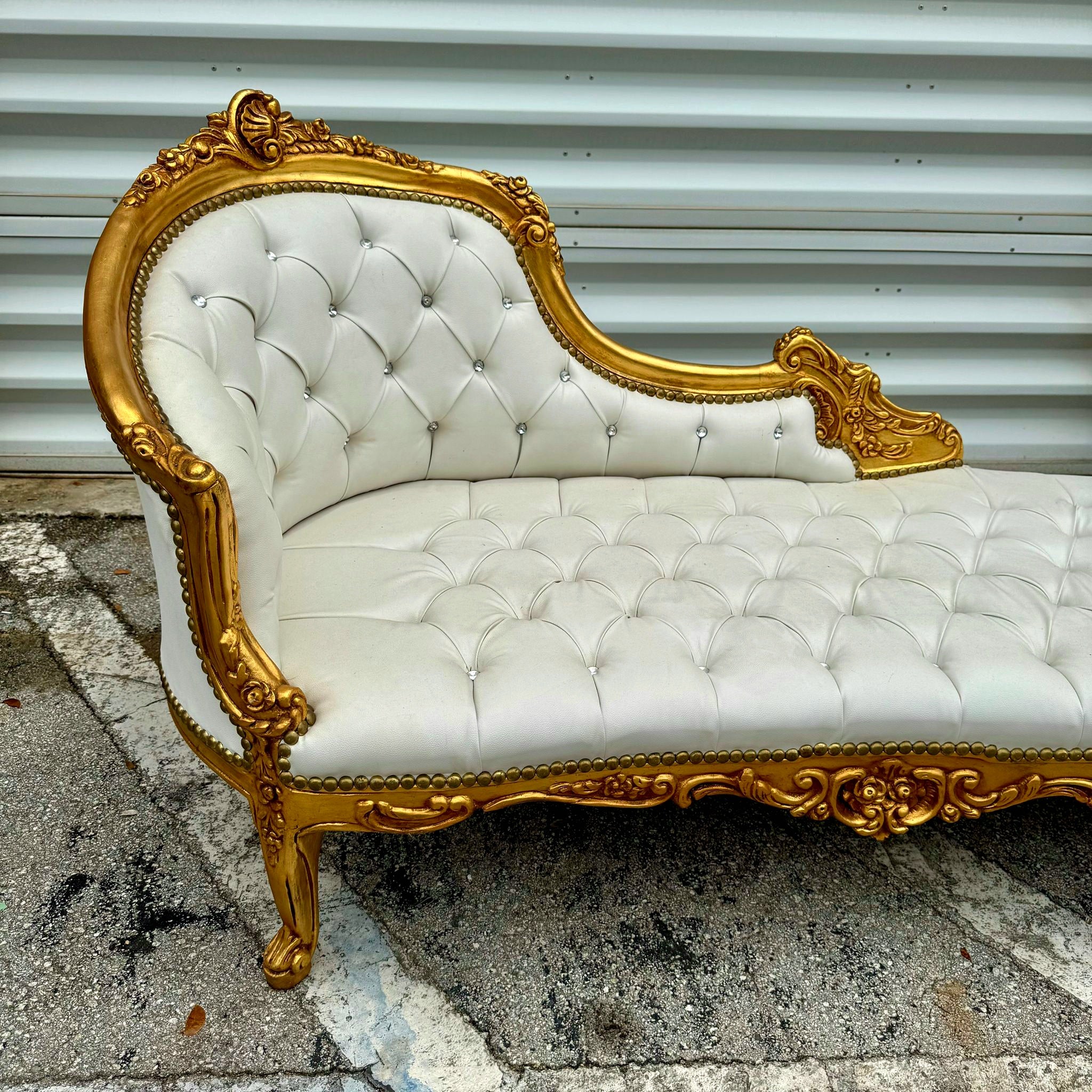 Chaise Lounge Off-White Leather Furniture Rococo Style Gold Leaf Details