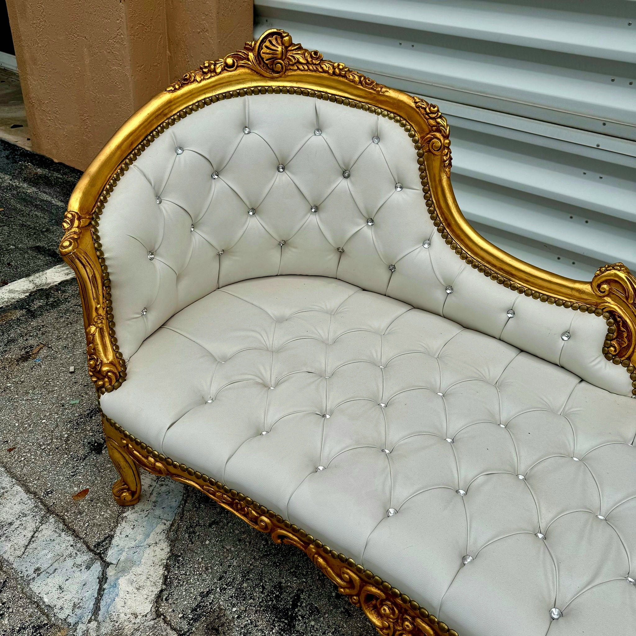 Chaise Lounge Off-White Leather Furniture Rococo Style Gold Leaf Details