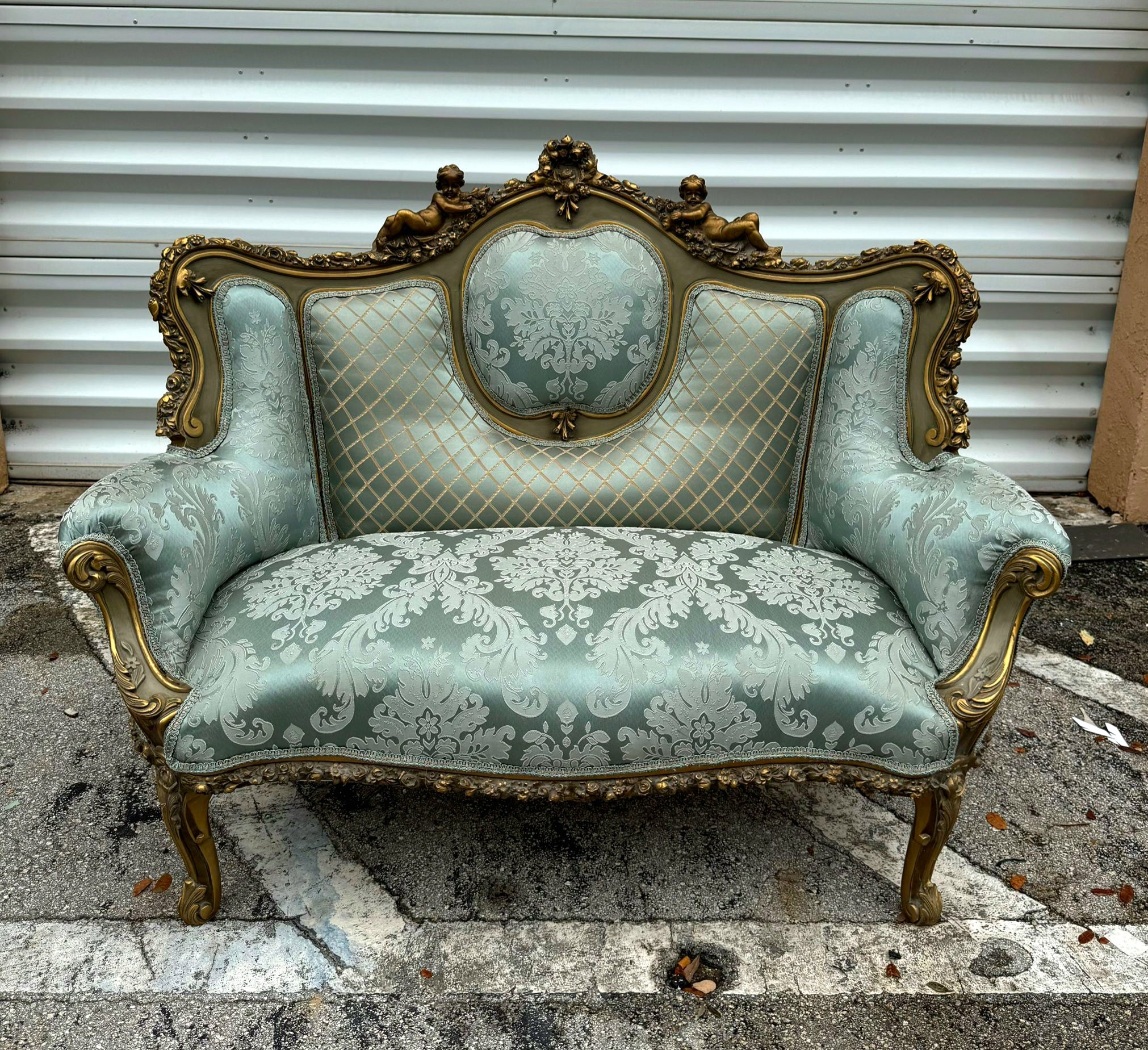 French Rococo Style Sofa Sky Blue Color and Gold Leaf Details Big Sofa Furniture