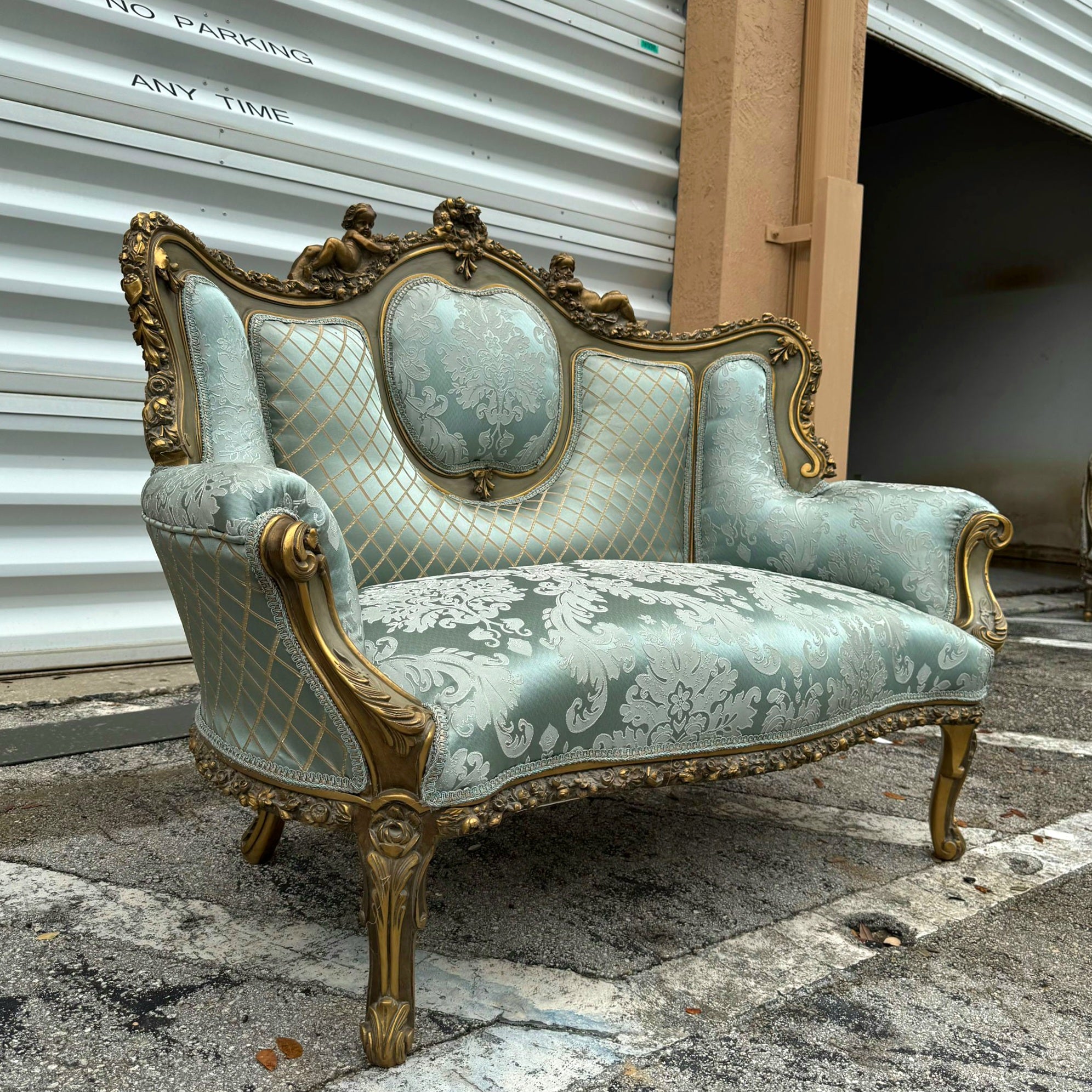 French Rococo Style Sofa Sky Blue Color and Gold Leaf Details Big Sofa Furniture