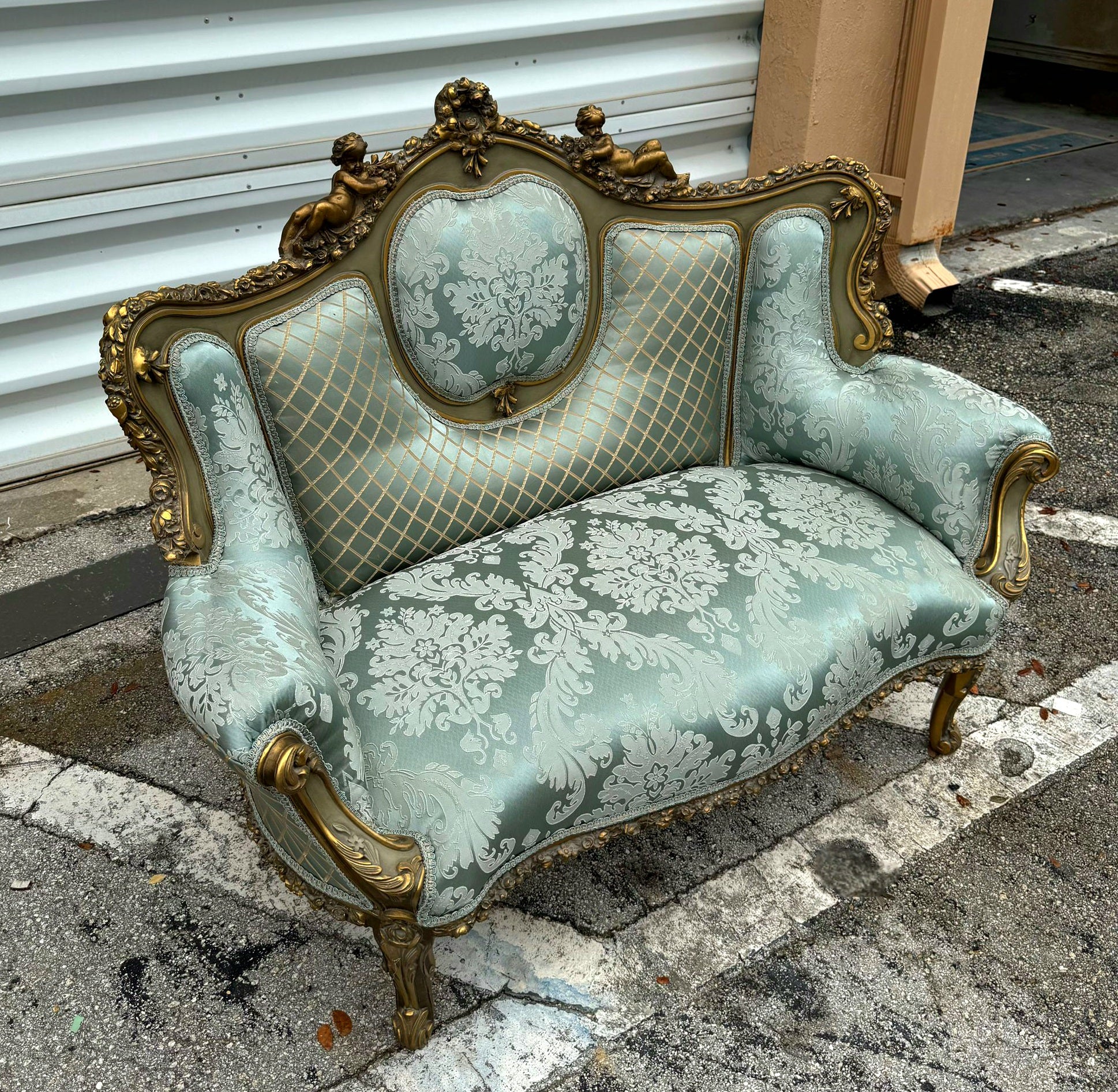 French Rococo Style Sofa Sky Blue Color and Gold Leaf Details Big Sofa Furniture