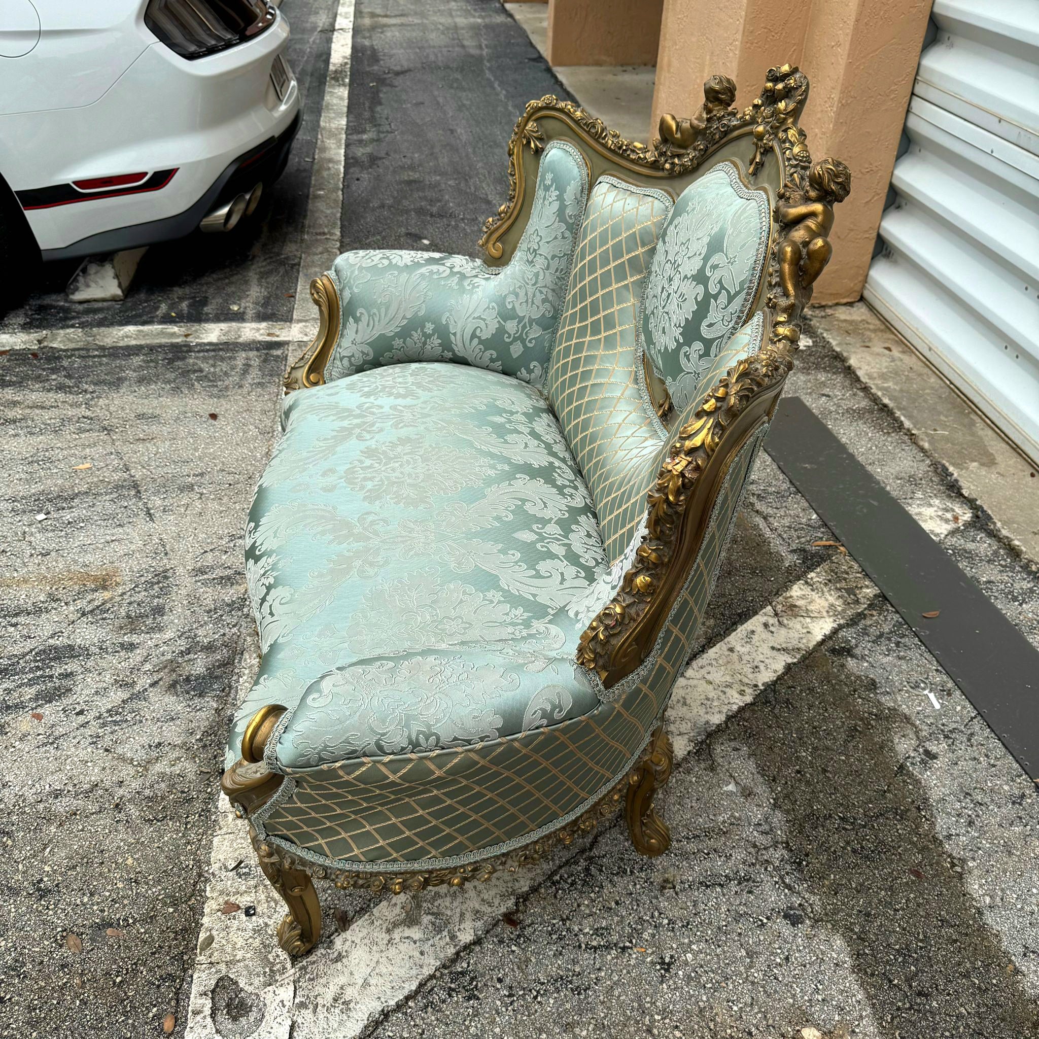 French Rococo Style Sofa Sky Blue Color and Gold Leaf Details Big Sofa Furniture