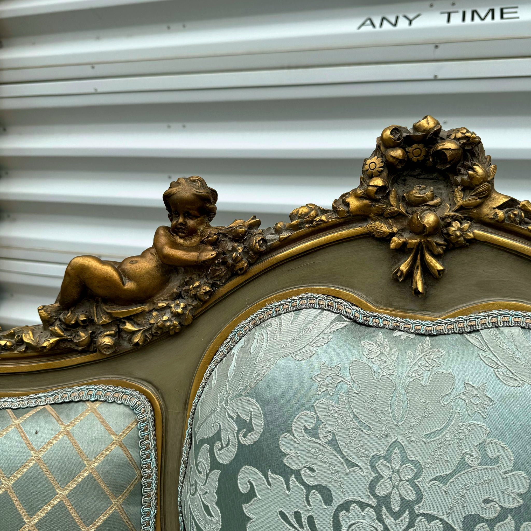 French Rococo Style Sofa Sky Blue Color and Gold Leaf Details Big Sofa Furniture