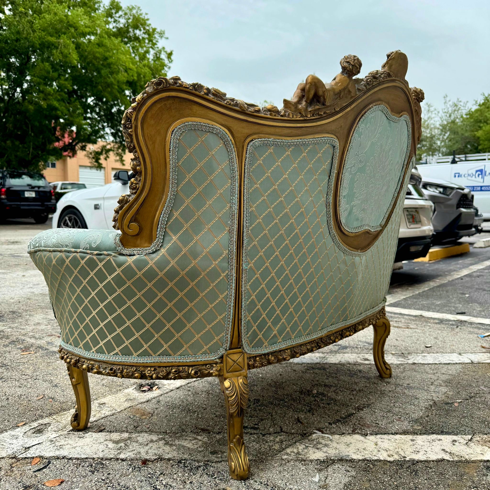French Rococo Style Sofa Sky Blue Color and Gold Leaf Details Big Sofa Furniture