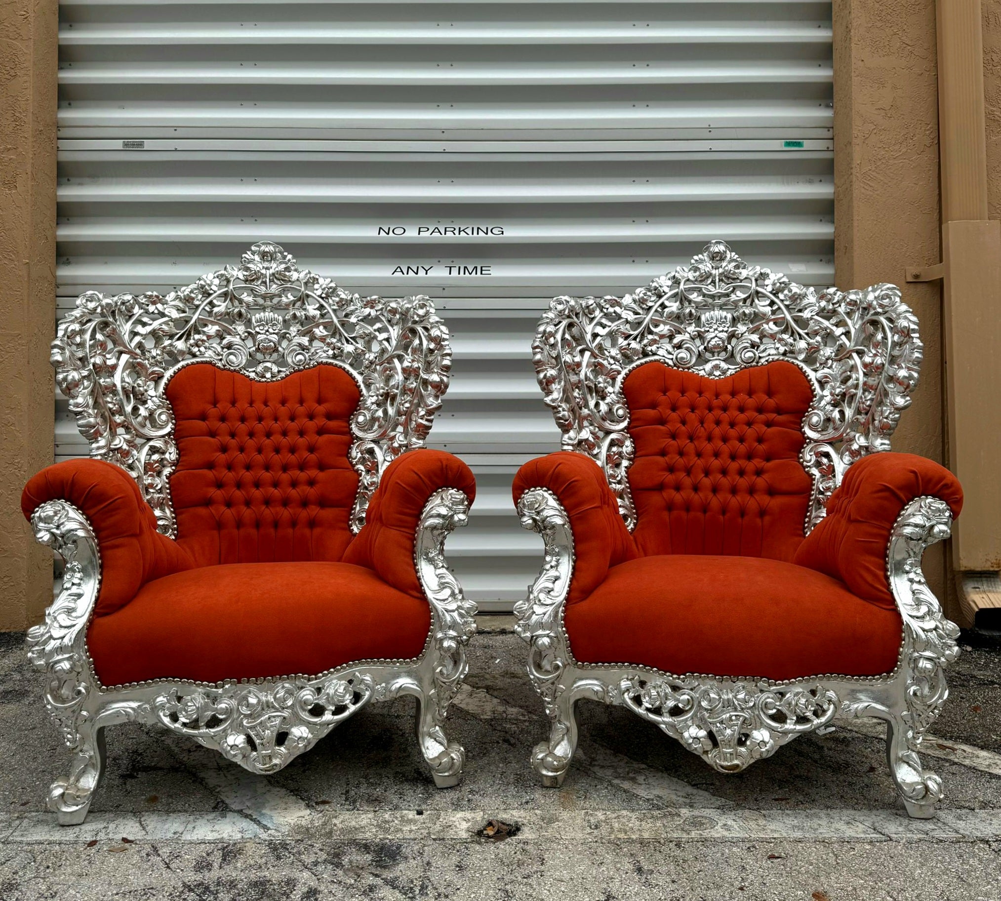 Heavy Rococo Style Orange Velvet Chair with Silver Leaf Frame Details Furniture