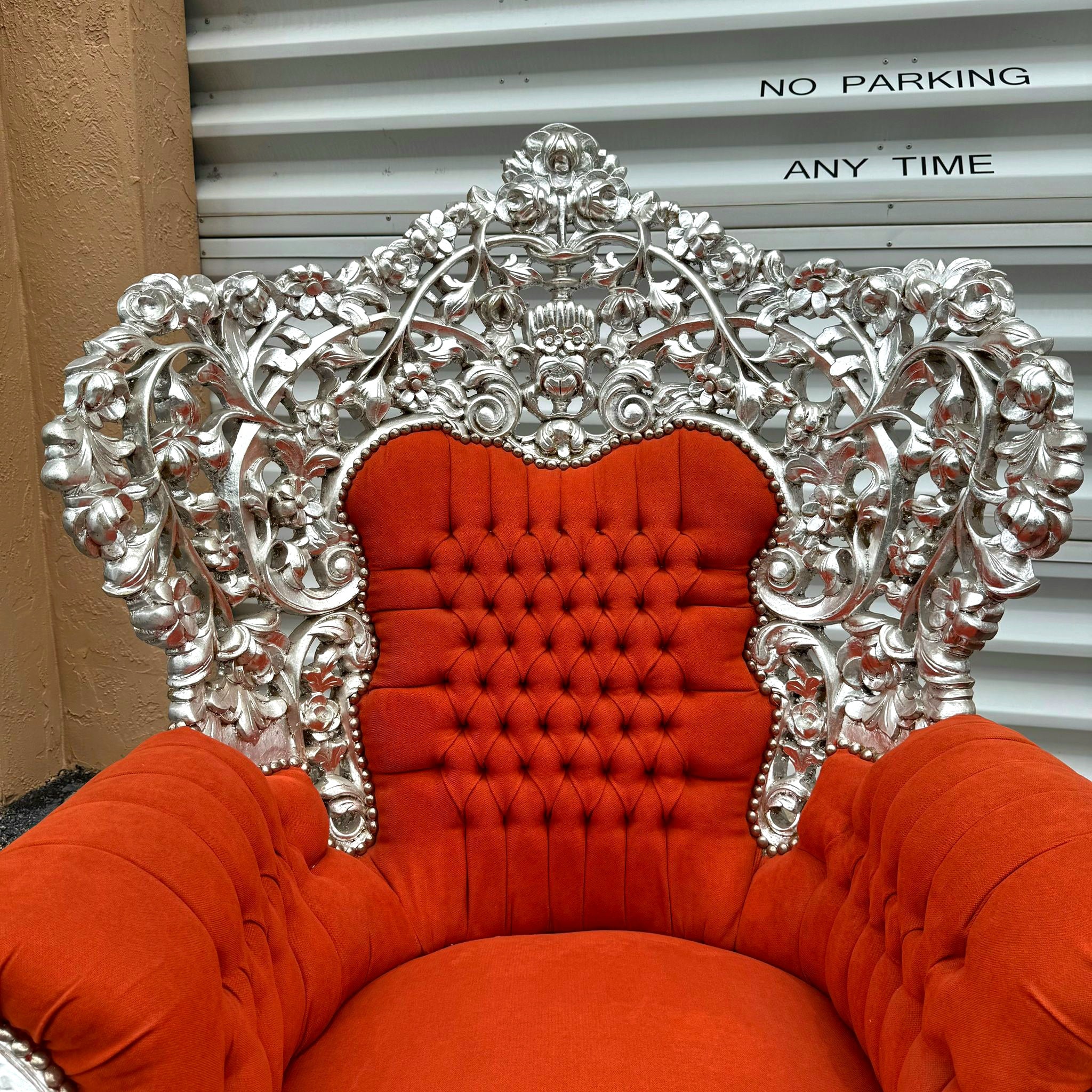 Heavy Rococo Style Orange Velvet Chair with Silver Leaf Frame Details Furniture