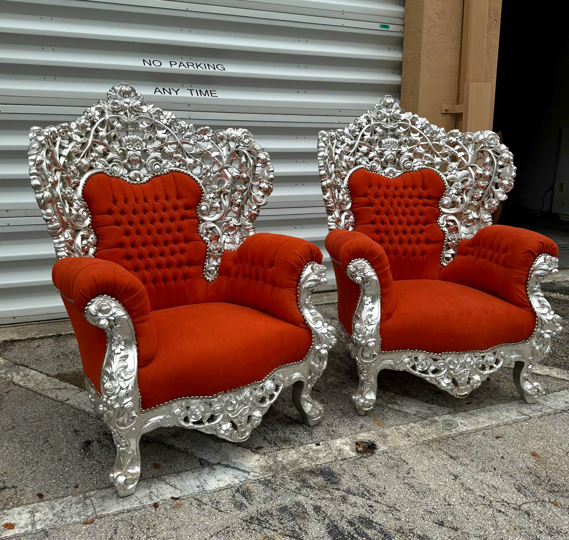 Heavy Rococo Style Orange Velvet Chair with Silver Leaf Frame Details Furniture