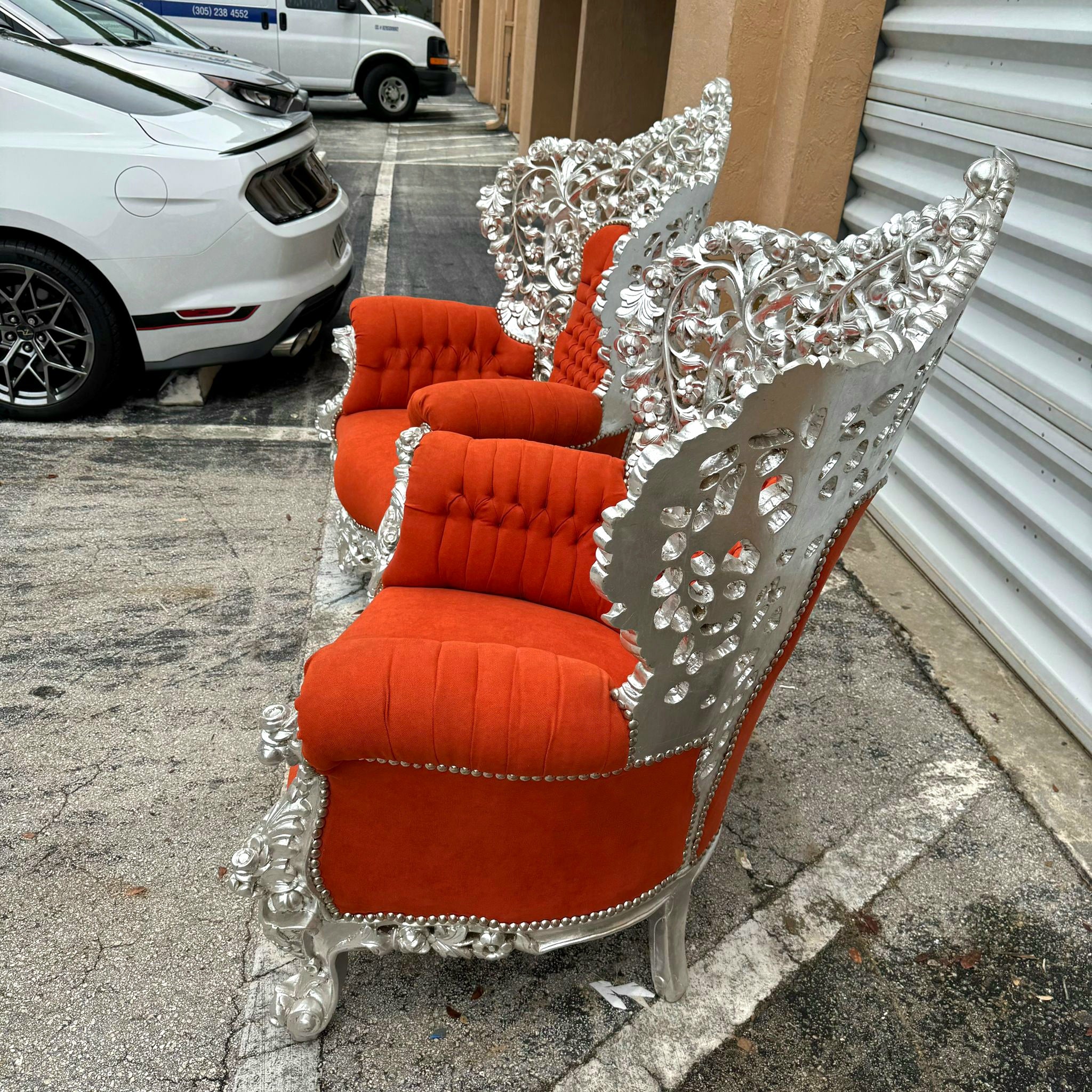 Heavy Rococo Style Orange Velvet Chair with Silver Leaf Frame Details Furniture