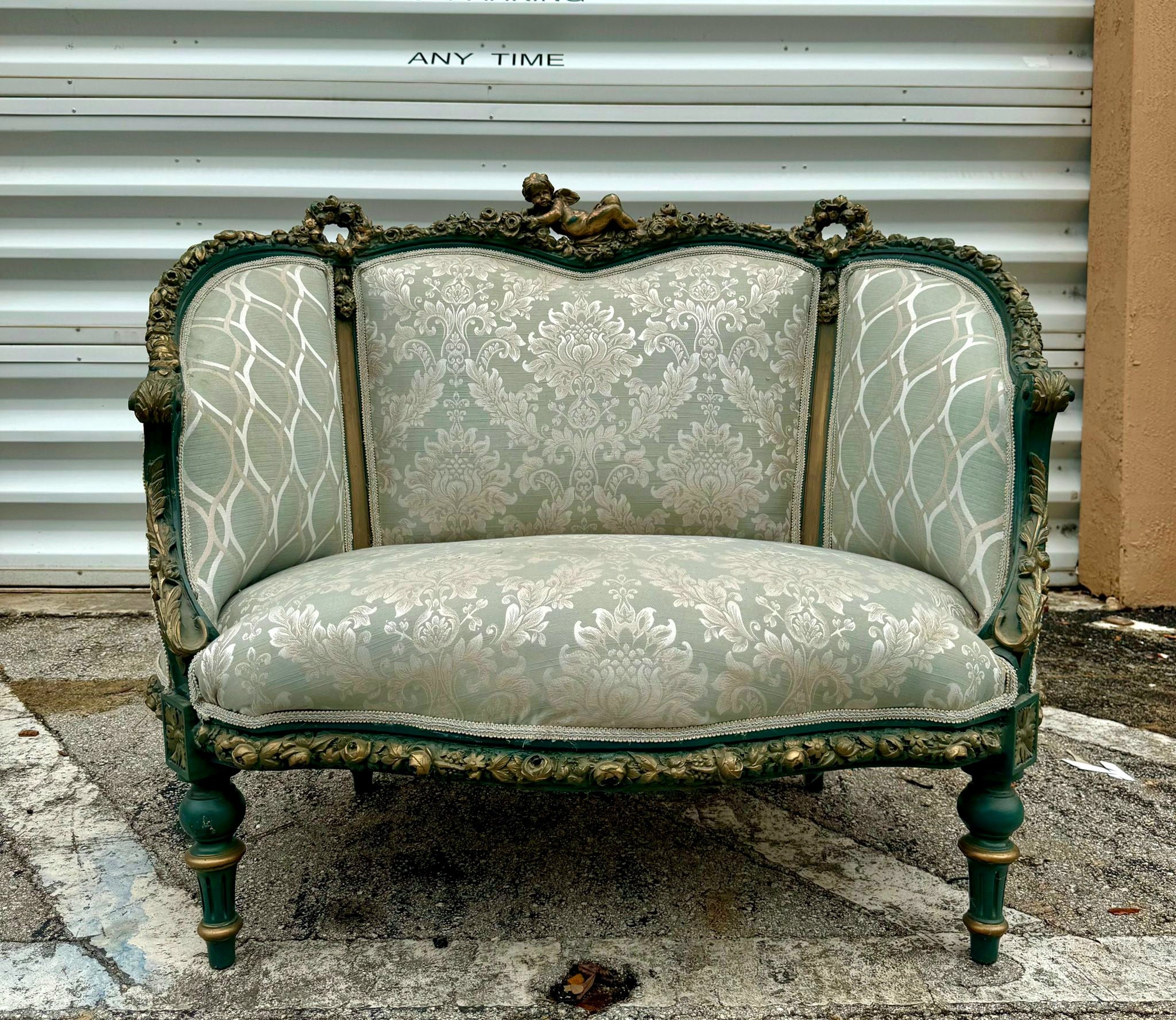 Antique French Rococo Sofa Blue Upholstery & Ornate Carvings Baroque Style