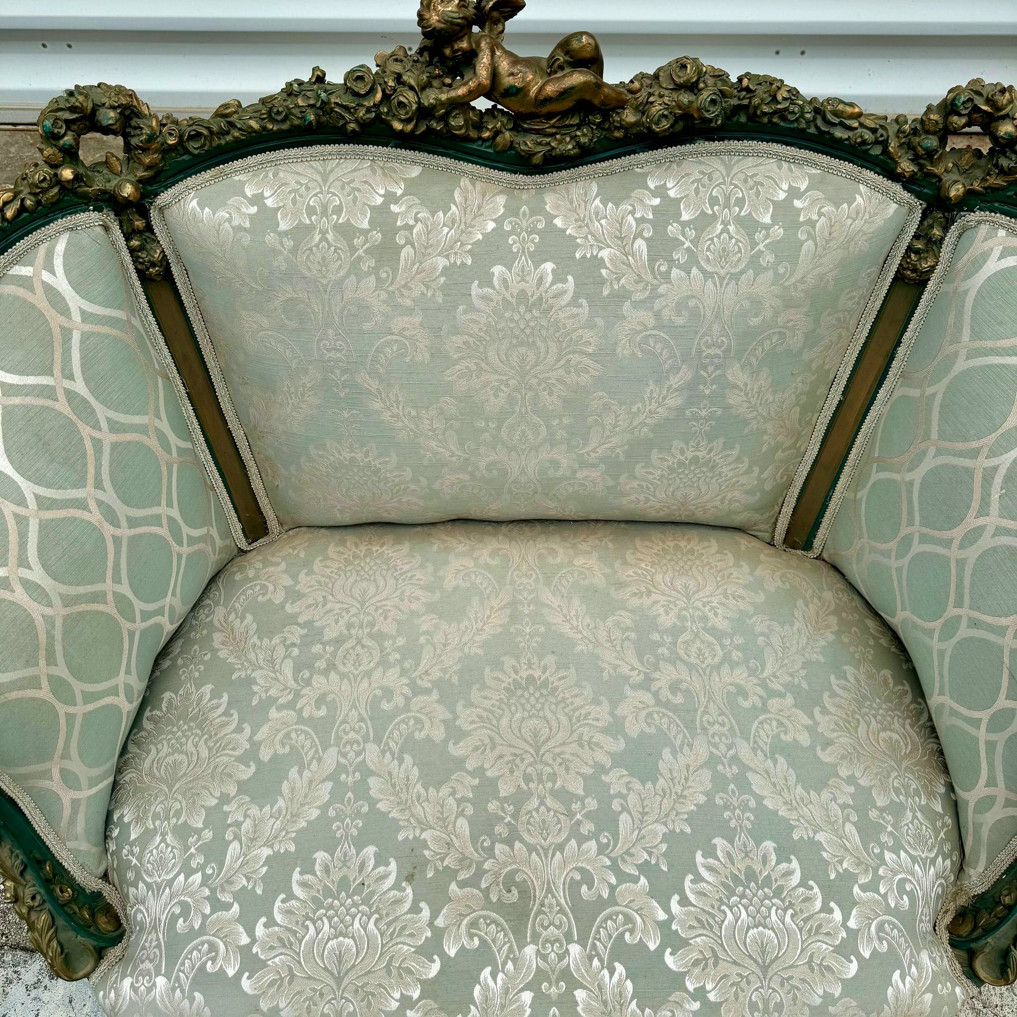 Antique French Rococo Sofa Blue Upholstery & Ornate Carvings Baroque Style
