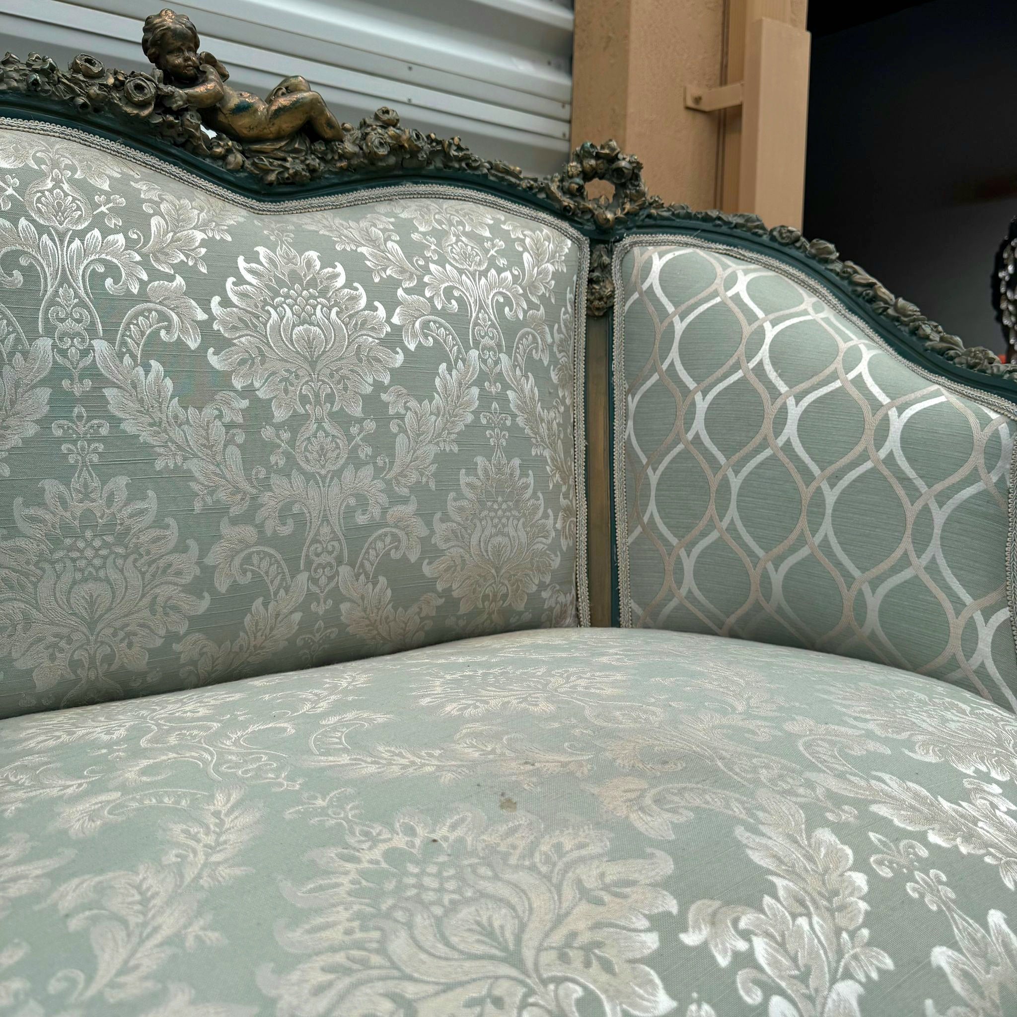 Antique French Rococo Sofa Blue Upholstery & Ornate Carvings Baroque Style