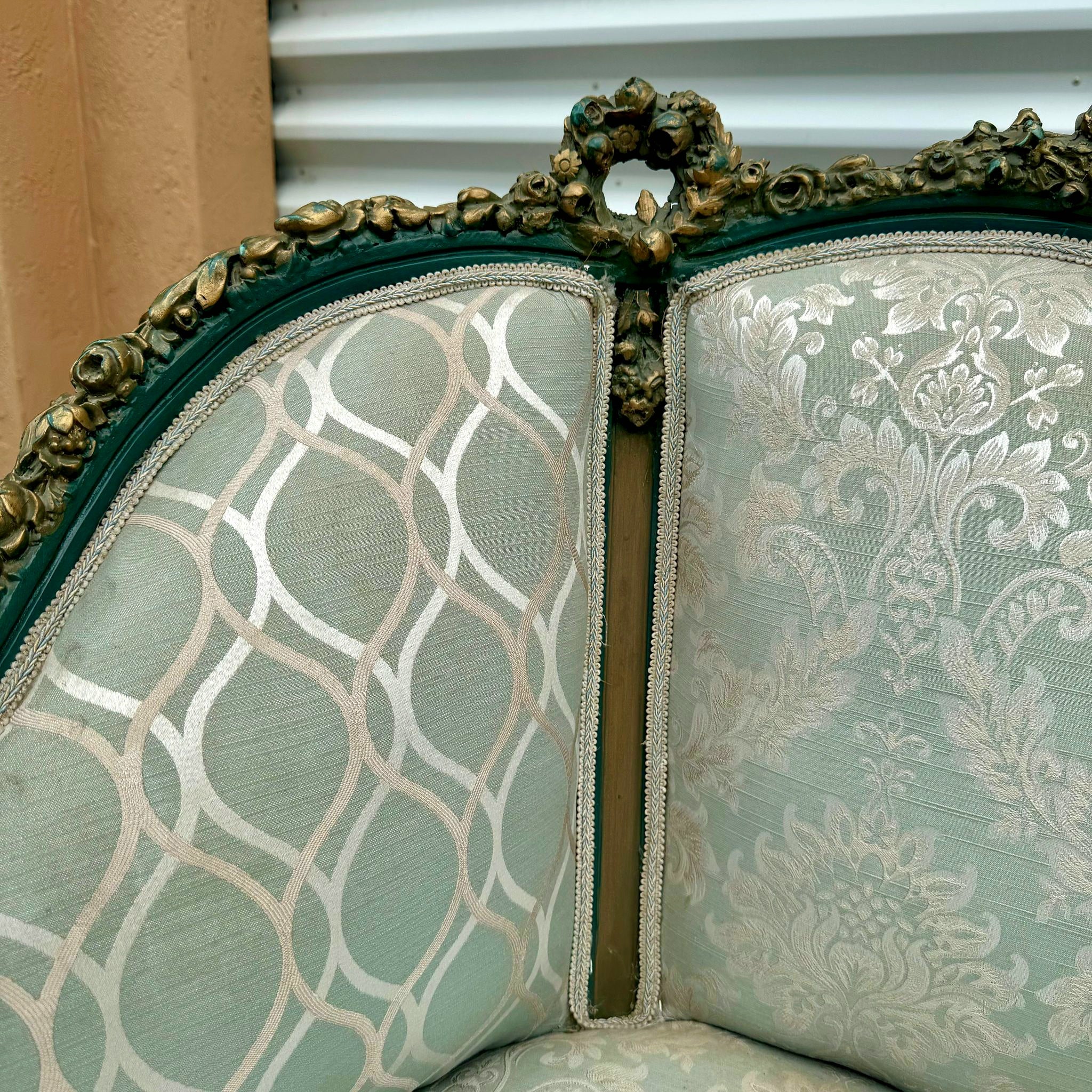Antique French Rococo Sofa Blue Upholstery & Ornate Carvings Baroque Style