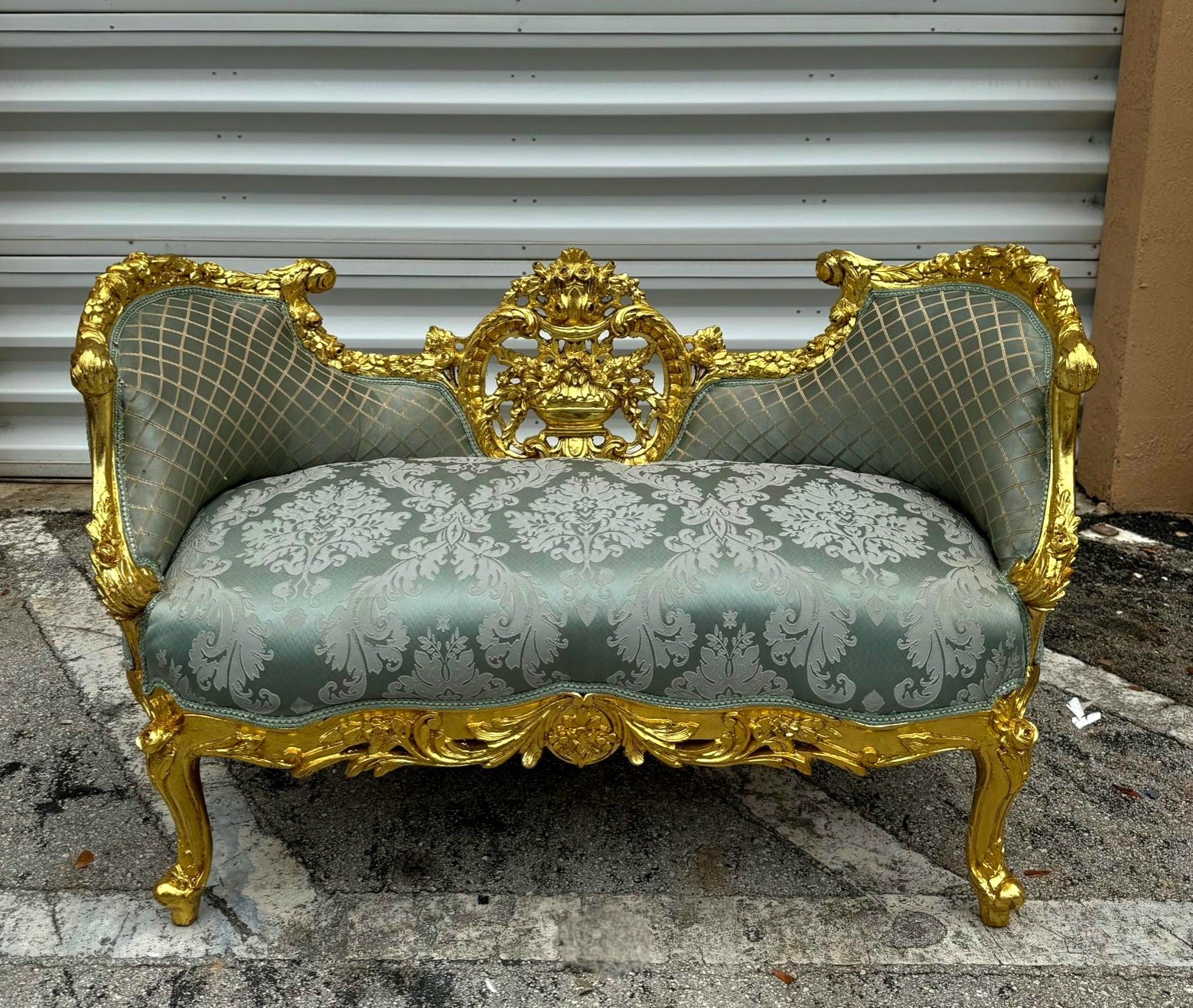 French Style Blue Small Settee Gold Details Bench Furniture Home